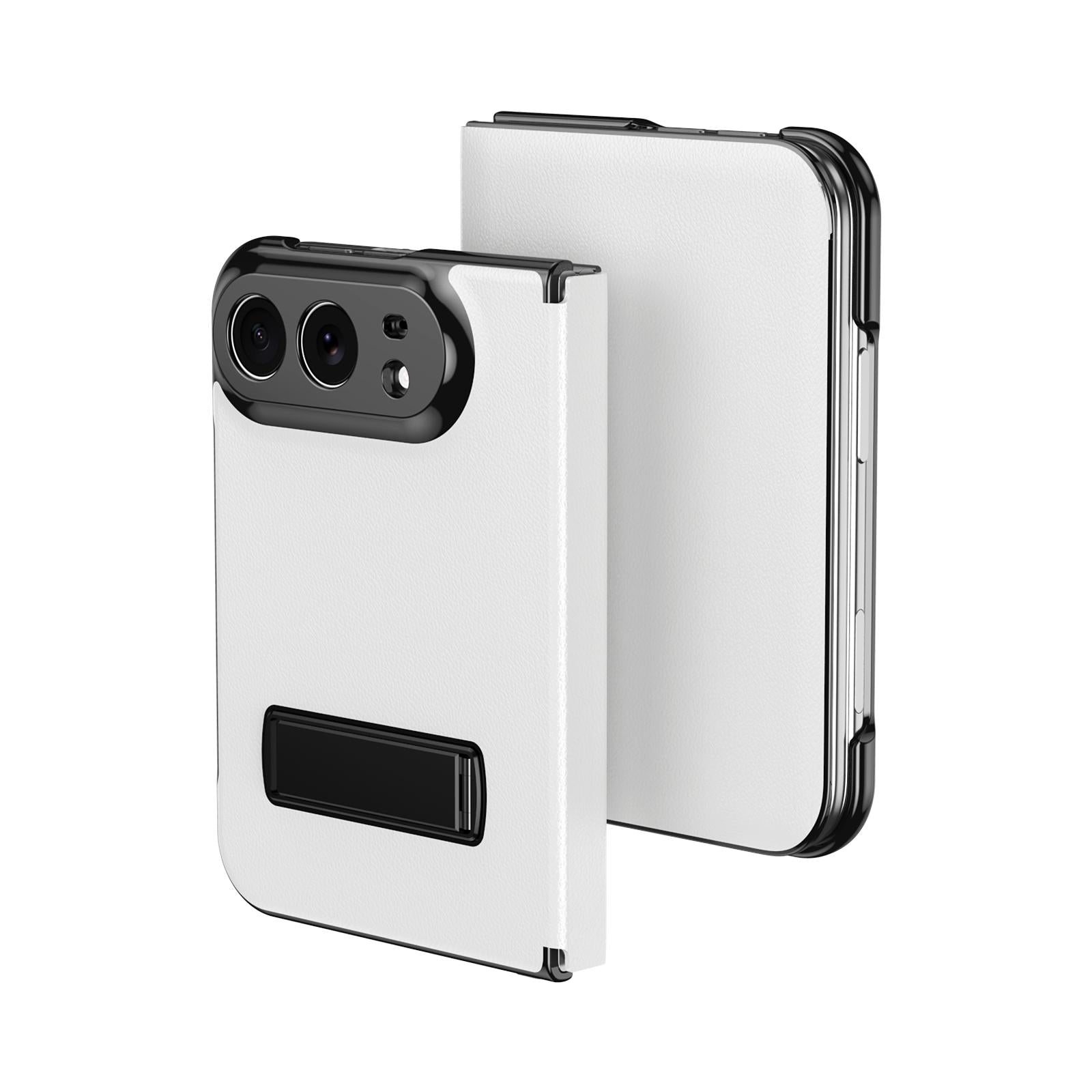 Compatible with iPhone Duo Flip Cover Folding Holder Vegan Leather Protective Phone Case - White
