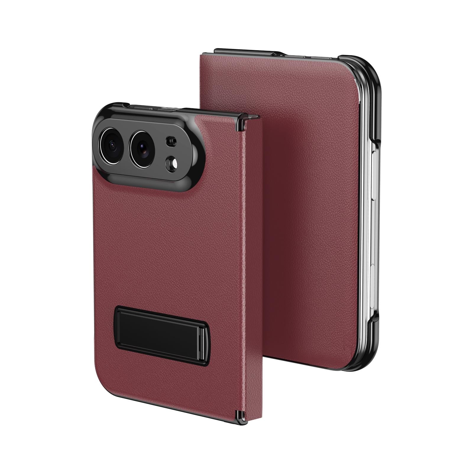 Compatible with iPhone Duo Flip Cover Folding Holder Vegan Leather Protective Phone Case - Burgundy