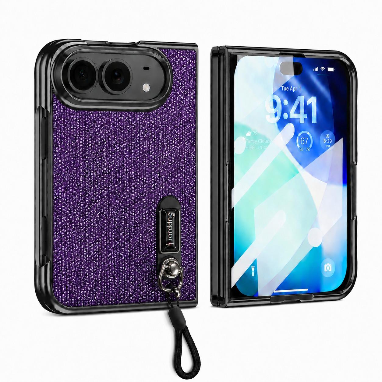 Compatible with iPhone Duo Invisible Holder Integrated Film Phone Case with Wrist Strap - Purple