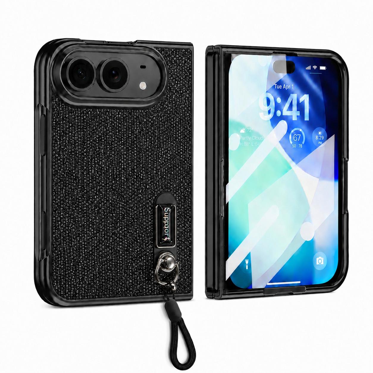Compatible with iPhone Duo Invisible Holder Integrated Film Phone Case with Wrist Strap - Black