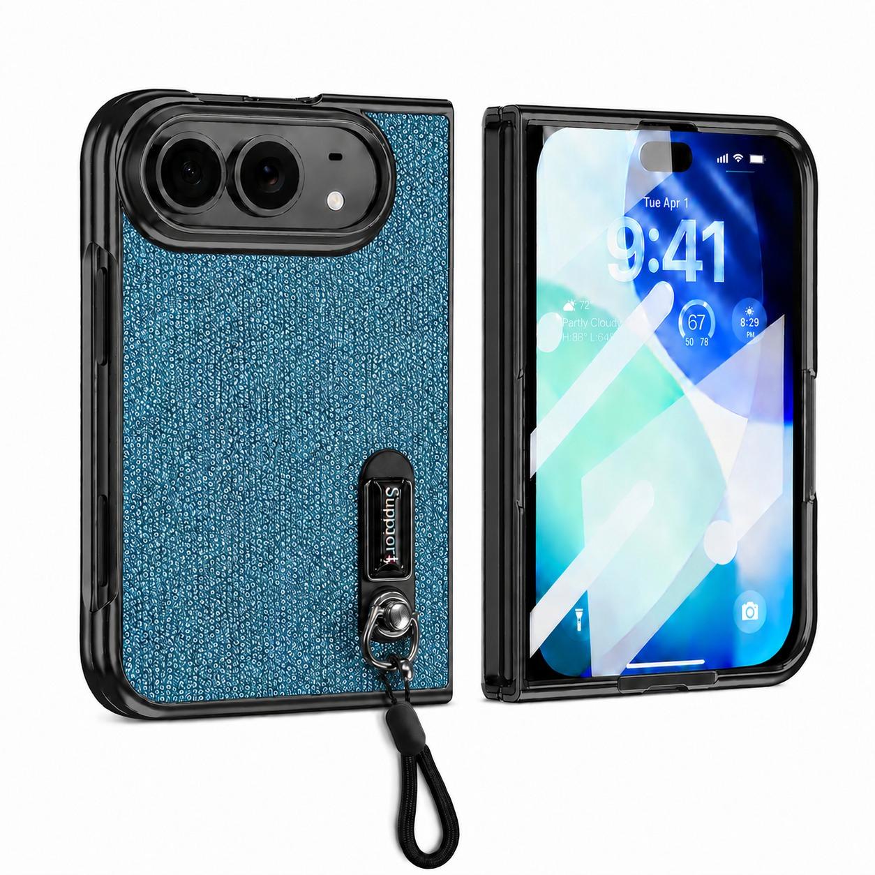 Compatible with iPhone Duo Invisible Holder Integrated Film Phone Case with Wrist Strap - Blue