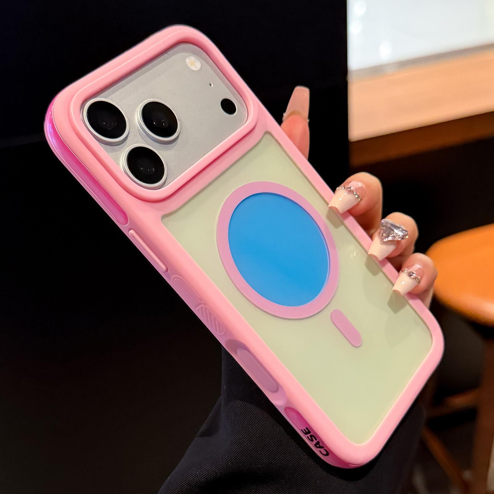 Compatible with iPhone 18 Pro Color Blocked 2 in 1 PC Dual-Layer TPU Magnetic Phone Case - Pink + Blue