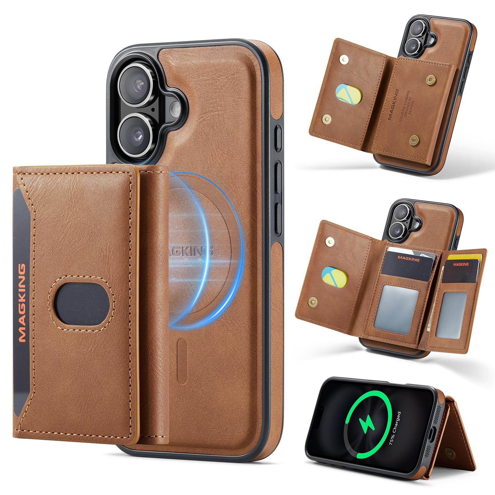 Compatible with iPhone 18 MAGKING K5 Series RFID Tri-fold Card Bag Detachable Magnetic Phone Case - Brown