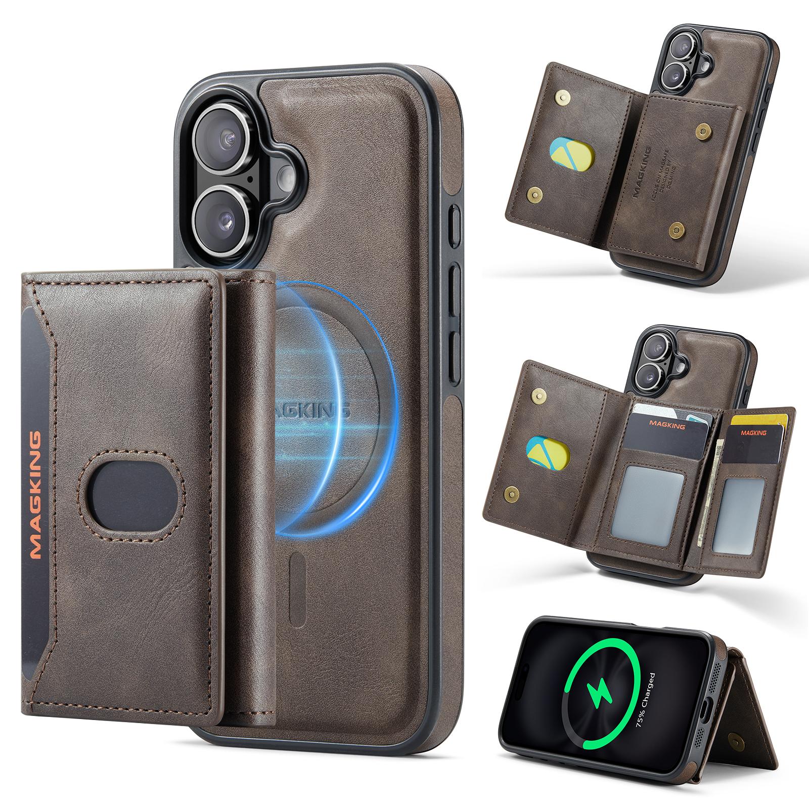Compatible with iPhone 18 MAGKING K5 Series RFID Tri-fold Card Bag Detachable Magnetic Phone Case - Coffee