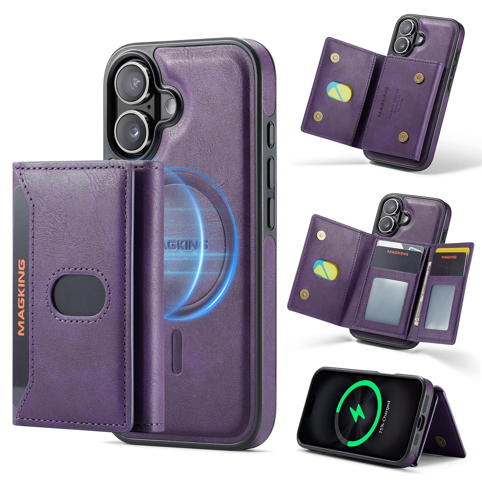 Compatible with iPhone 18 MAGKING K5 Series RFID Tri-fold Card Bag Detachable Magnetic Phone Case - Purple