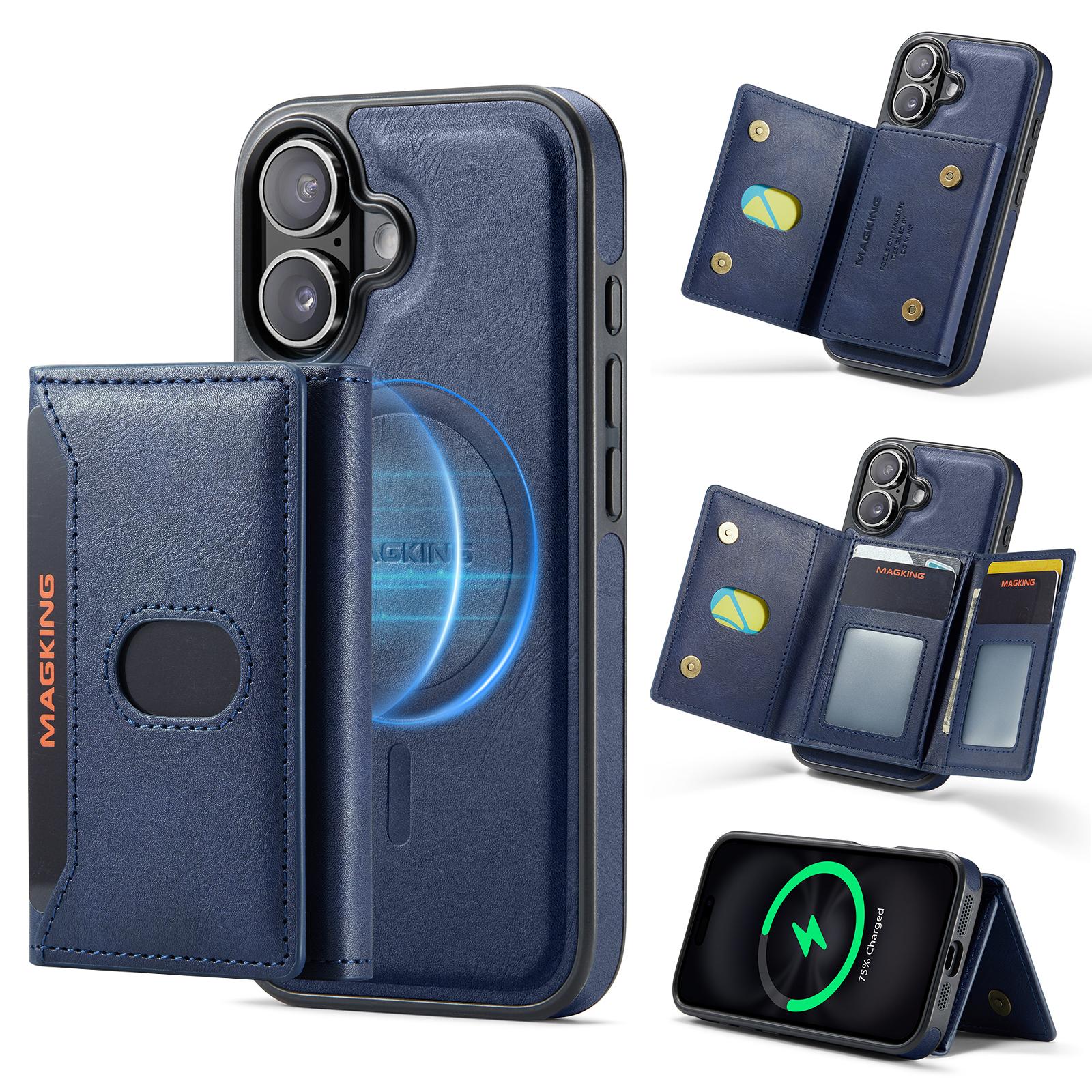 Compatible with iPhone 18 MAGKING K5 Series RFID Tri-fold Card Bag Detachable Magnetic Phone Case - Blue
