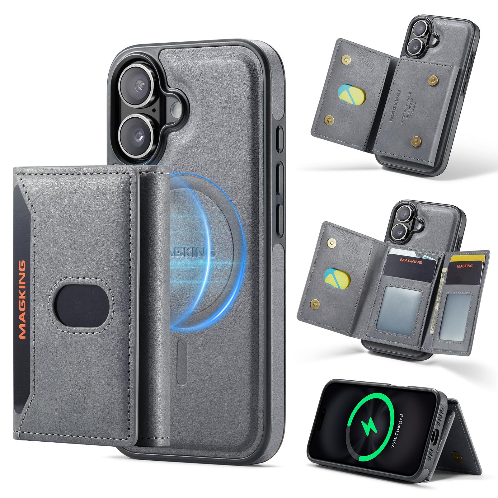 Compatible with iPhone 18 MAGKING K5 Series RFID Tri-fold Card Bag Detachable Magnetic Phone Case - Grey