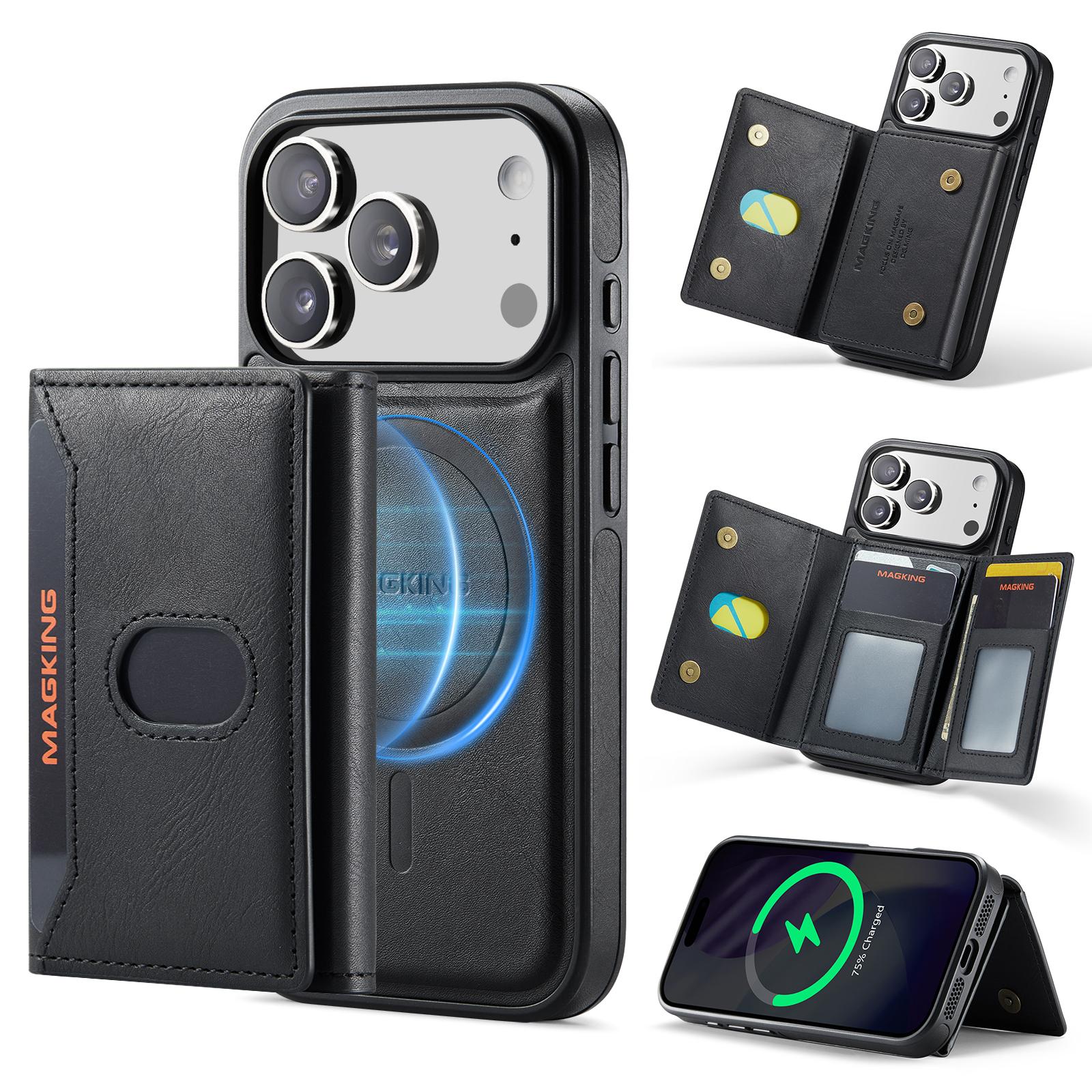 Compatible with iPhone 18 Pro MAGKING K5 Series RFID Tri-fold Card Bag Detachable Magnetic Phone Case - Black