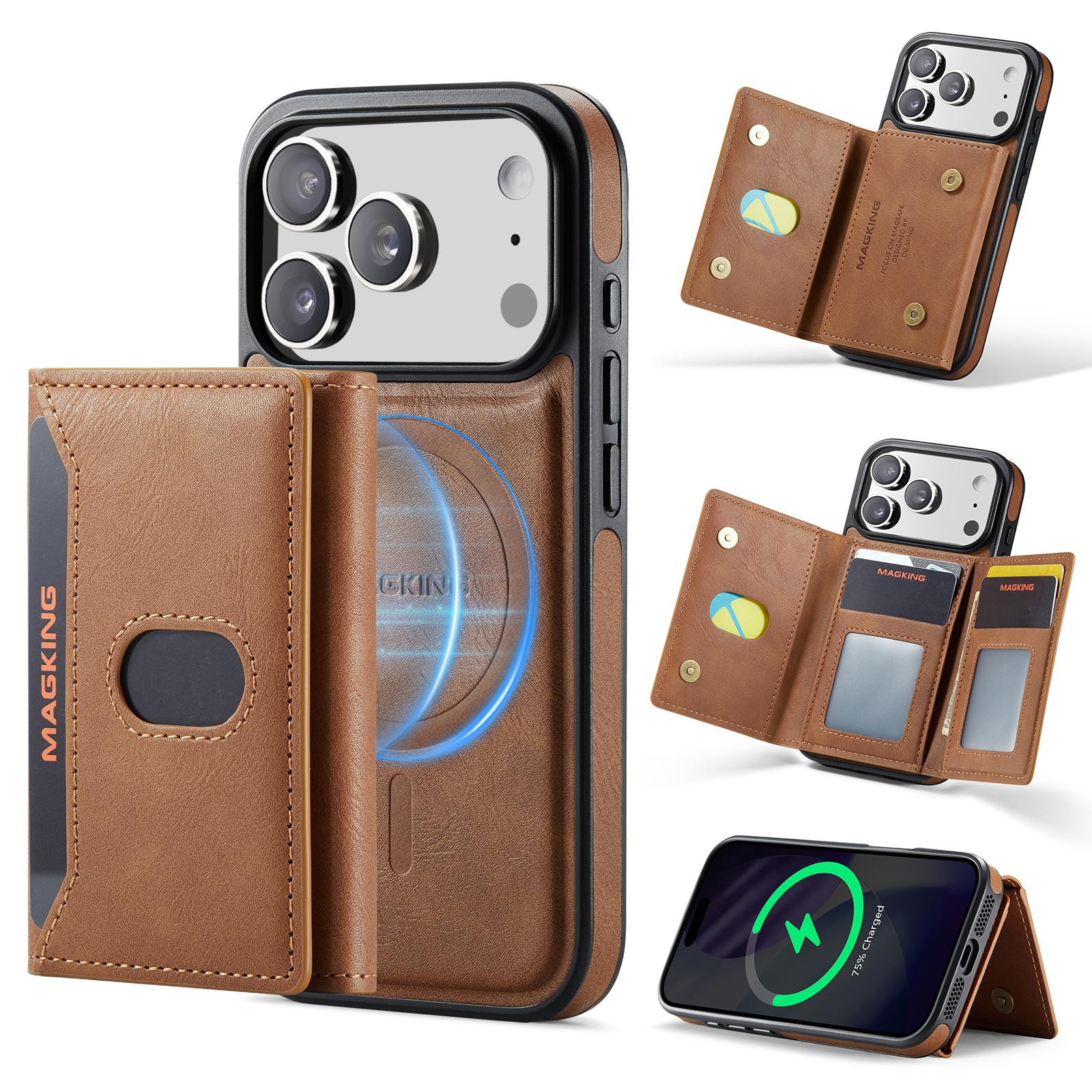 Compatible with iPhone 18 Pro MAGKING K5 Series RFID Tri-fold Card Bag Detachable Magnetic Phone Case - Brown