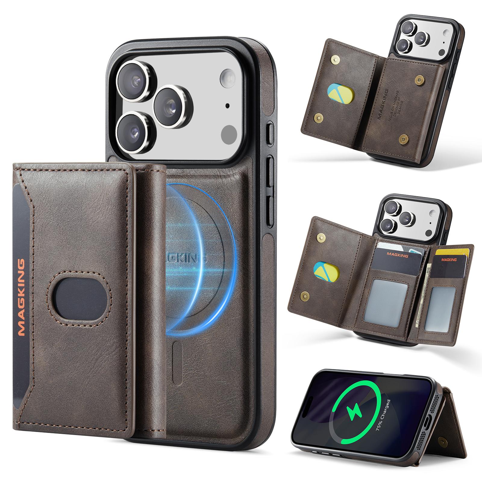 Compatible with iPhone 18 Pro MAGKING K5 Series RFID Tri-fold Card Bag Detachable Magnetic Phone Case - Coffee