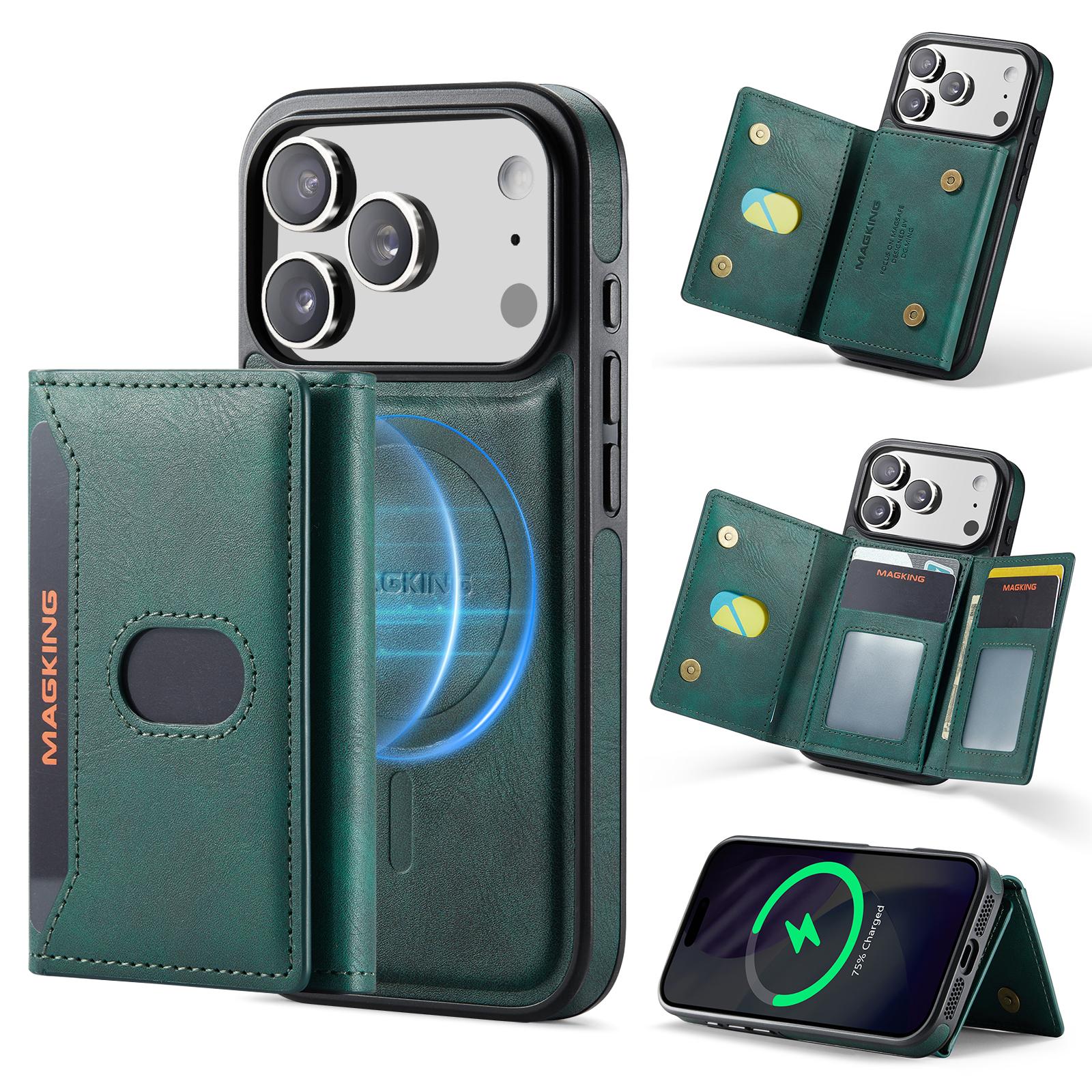 Compatible with iPhone 18 Pro MAGKING K5 Series RFID Tri-fold Card Bag Detachable Magnetic Phone Case - Green