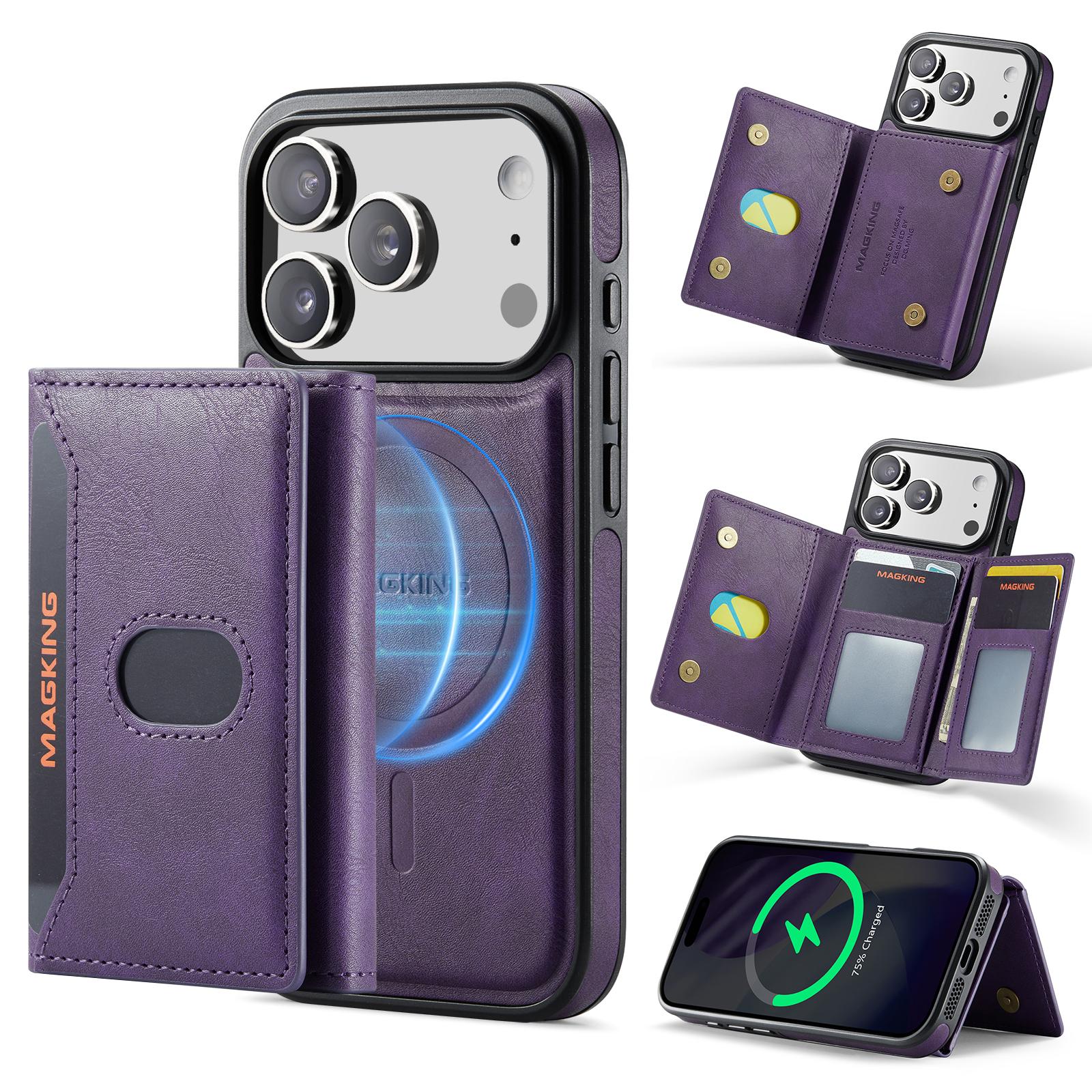Compatible with iPhone 18 Pro MAGKING K5 Series RFID Tri-fold Card Bag Detachable Magnetic Phone Case - Purple