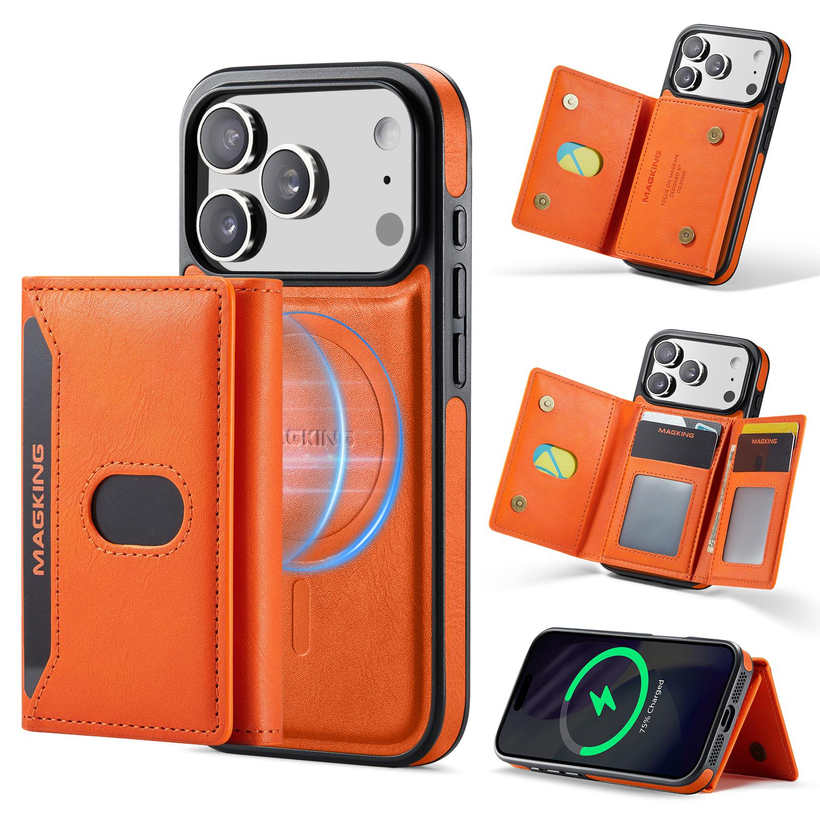 Compatible with iPhone 18 Pro MAGKING K5 Series RFID Tri-fold Card Bag Detachable Magnetic Phone Case - Orange