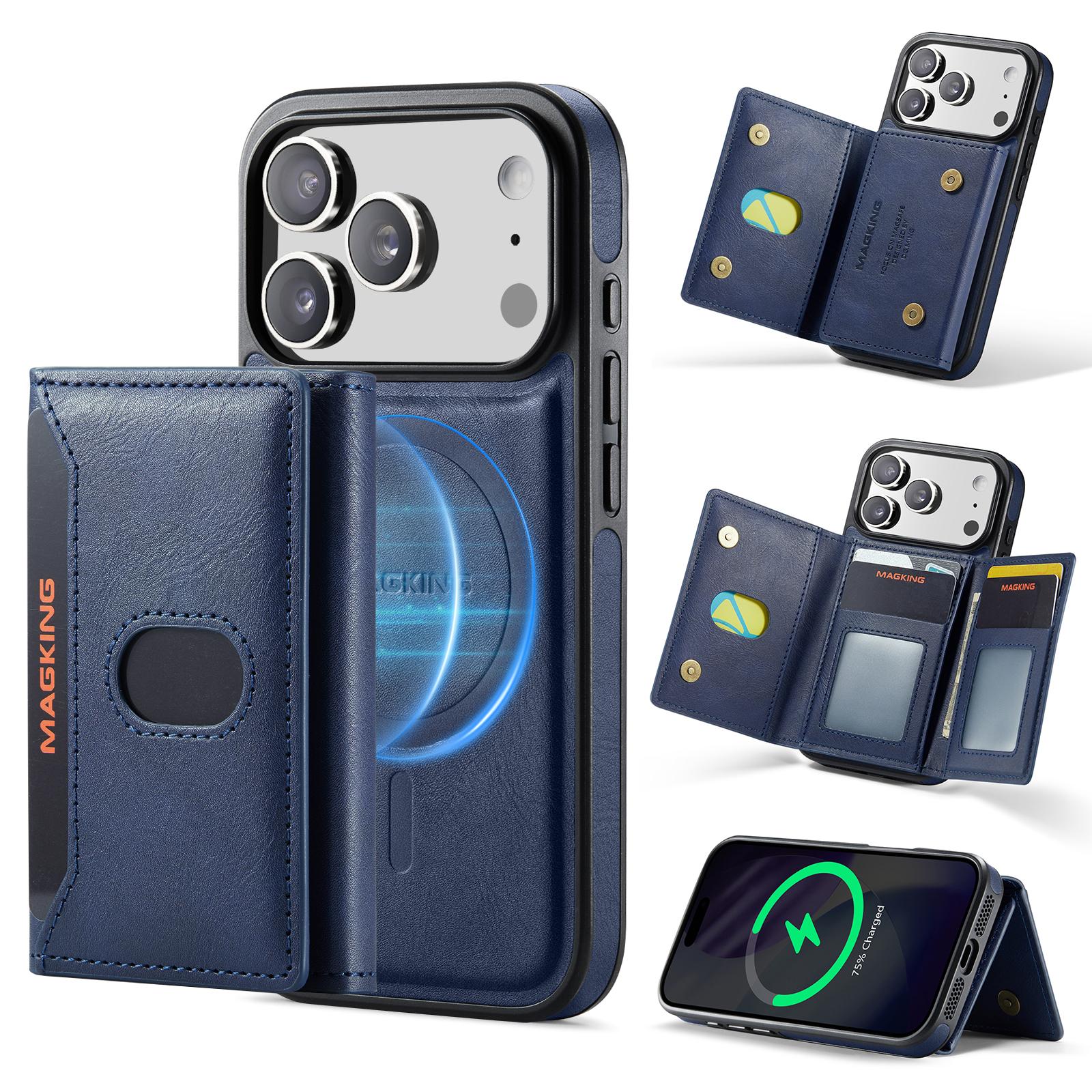 Compatible with iPhone 18 Pro MAGKING K5 Series RFID Tri-fold Card Bag Detachable Magnetic Phone Case - Blue