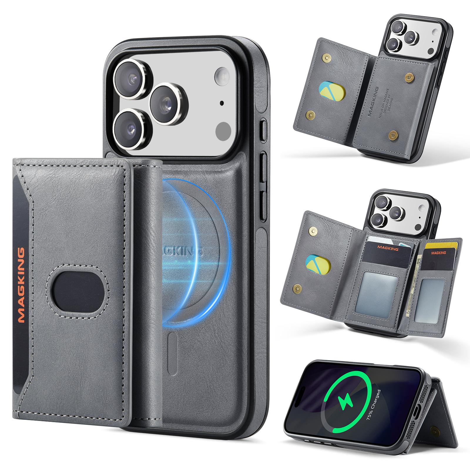 Compatible with iPhone 18 Pro MAGKING K5 Series RFID Tri-fold Card Bag Detachable Magnetic Phone Case - Grey