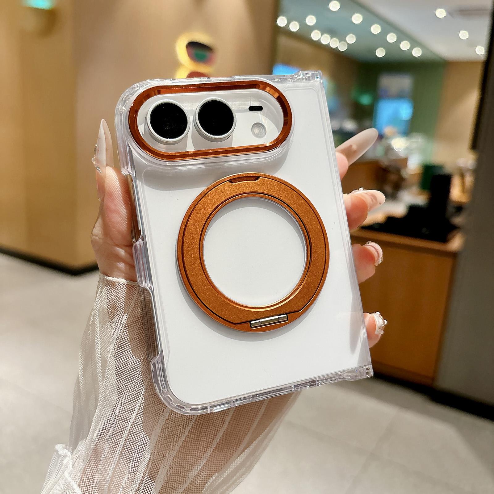 Compatible with iPhone Duo Acrylic PC Magnetic Phone Case with 360-degree Rotating Ring Holder - Orange