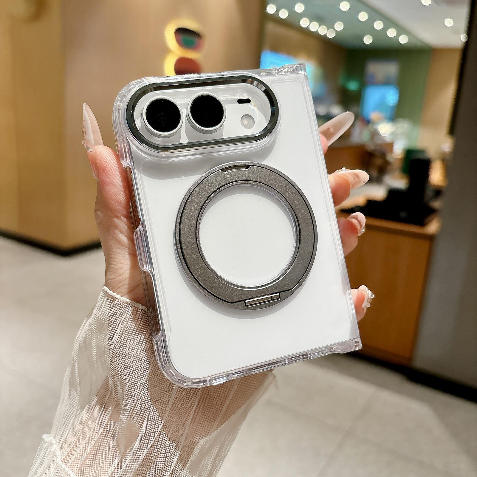 Compatible with iPhone Duo Acrylic PC Magnetic Phone Case with 360-degree Rotating Ring Holder - Silver