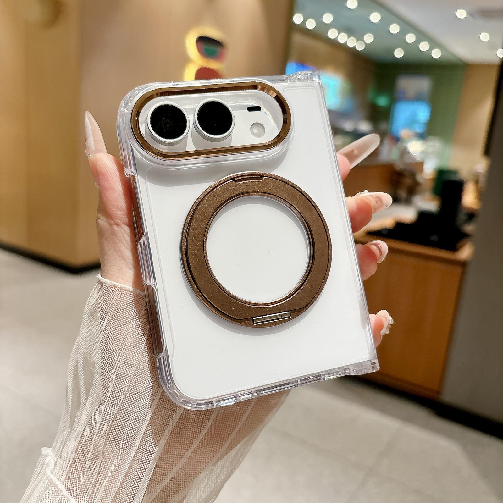 Compatible with iPhone Duo Acrylic PC Magnetic Phone Case with 360-degree Rotating Ring Holder - Gold