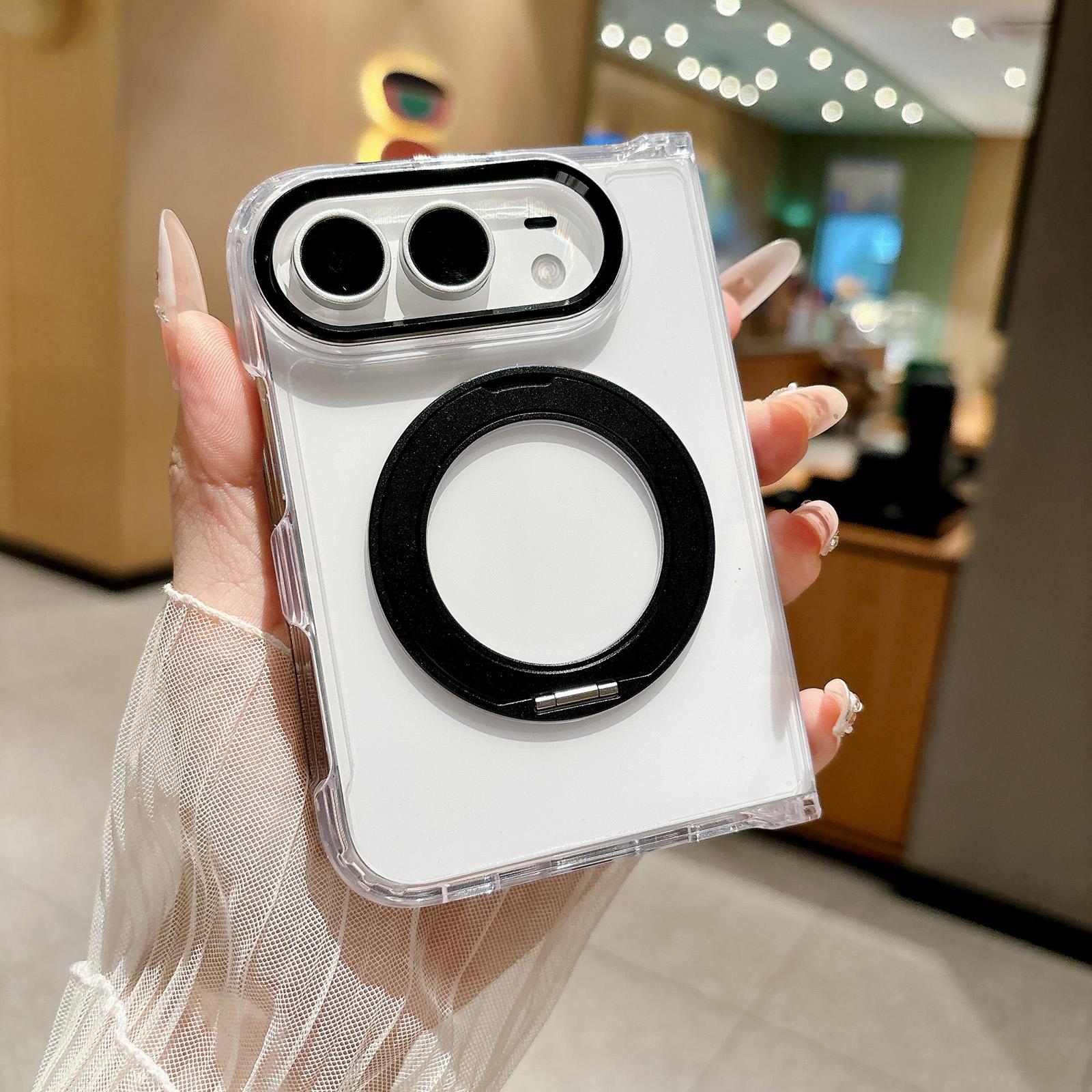Compatible with iPhone Duo Acrylic PC Magnetic Phone Case with 360-degree Rotating Ring Holder - Black