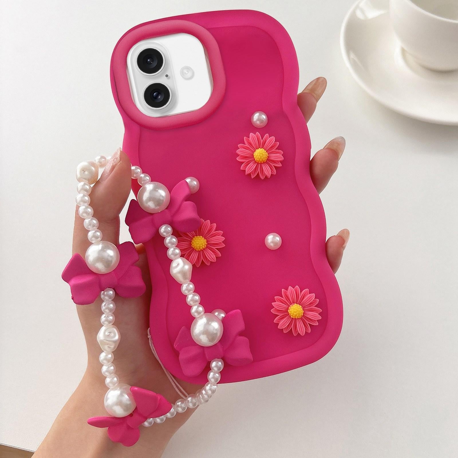 Compatible with iPhone 18 Macaron Color Little Daisy and Pearl Phone Case with Bracelet Chain - Red