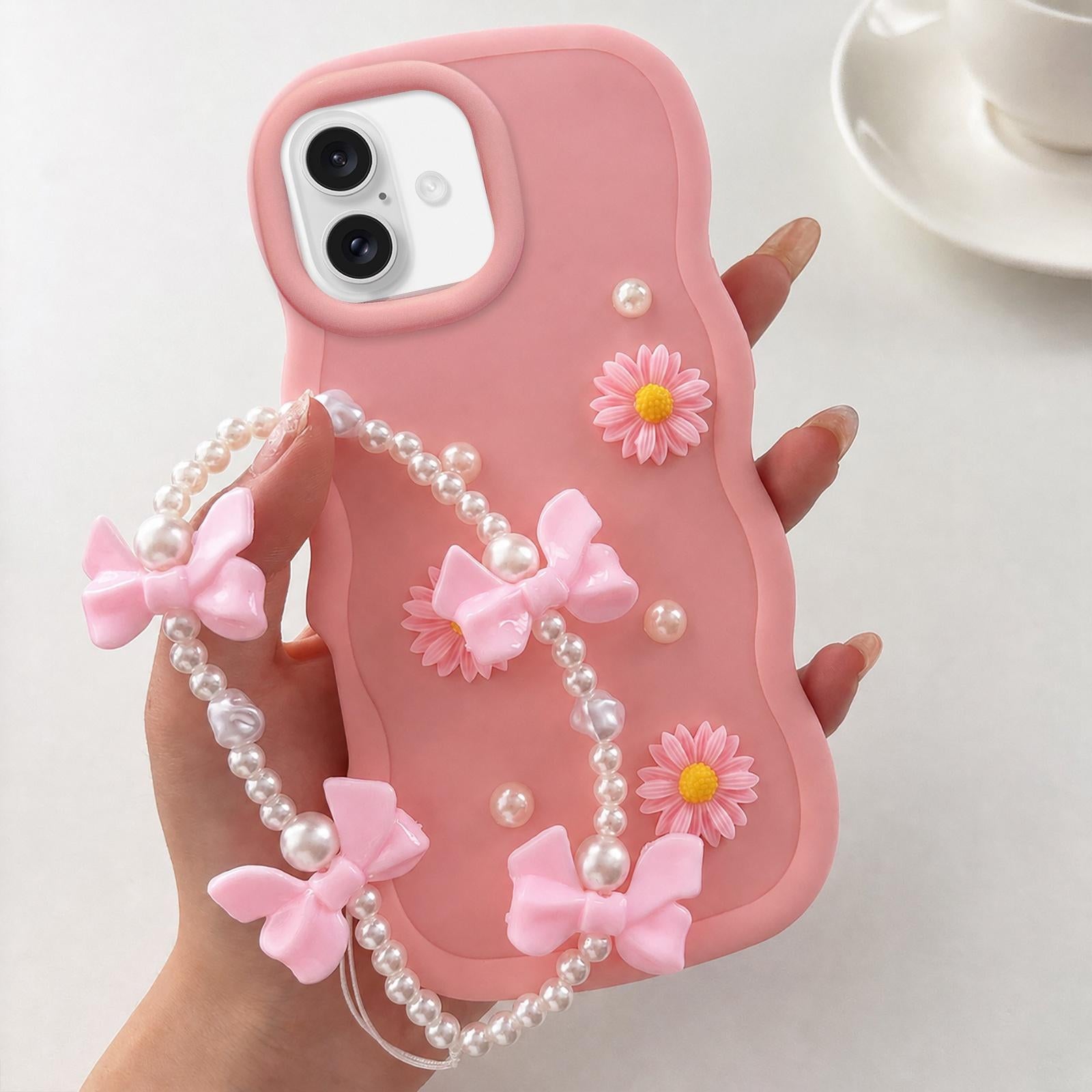 Compatible with iPhone 18 Macaron Color Little Daisy and Pearl Phone Case with Bracelet Chain - Pink