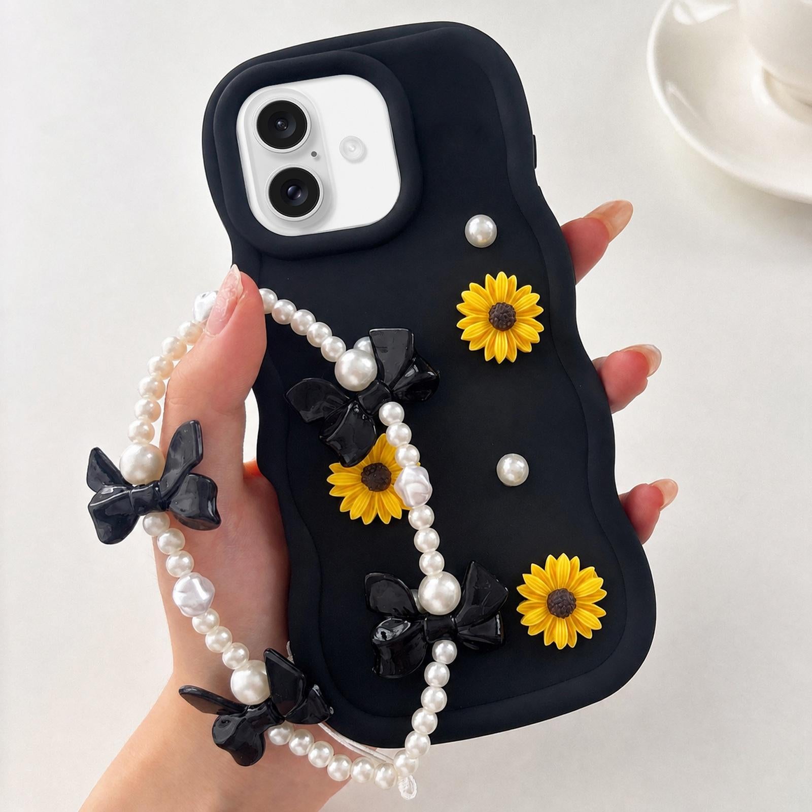 Compatible with iPhone 18 Macaron Color Little Daisy and Pearl Phone Case with Bracelet Chain - Black
