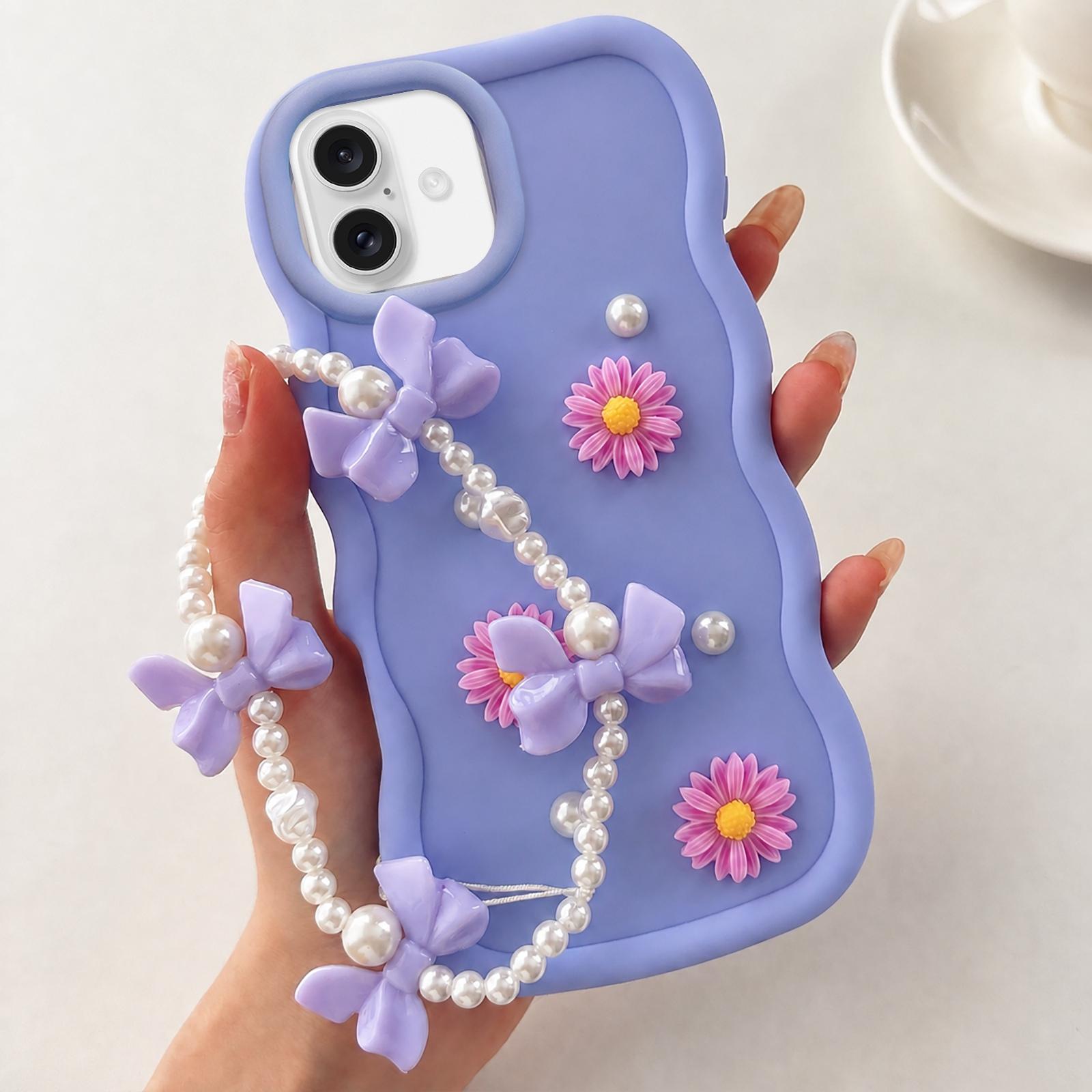 Compatible with iPhone 18 Macaron Color Little Daisy and Pearl Phone Case with Bracelet Chain - Purple