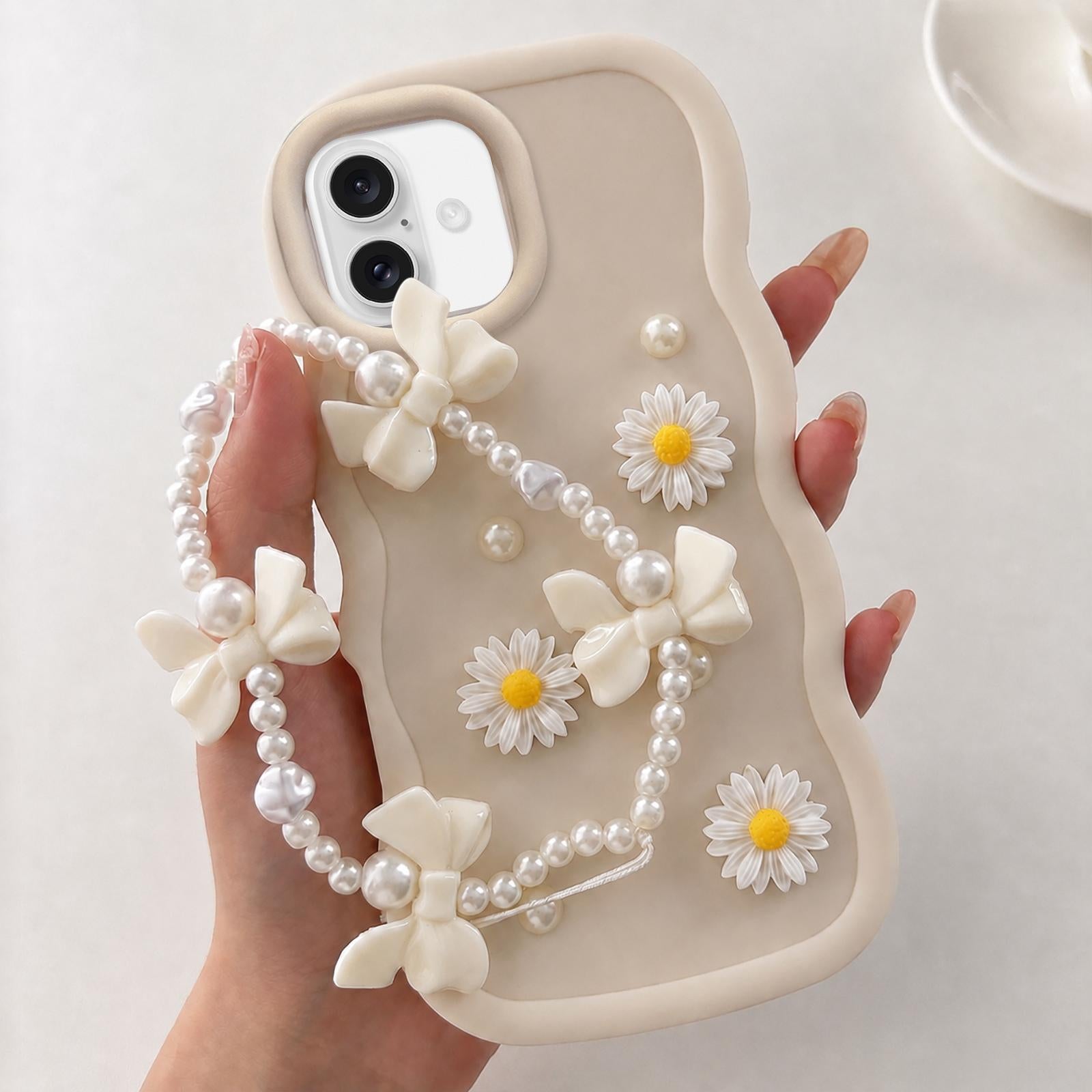 Compatible with iPhone 18 Macaron Color Little Daisy and Pearl Phone Case with Bracelet Chain - White
