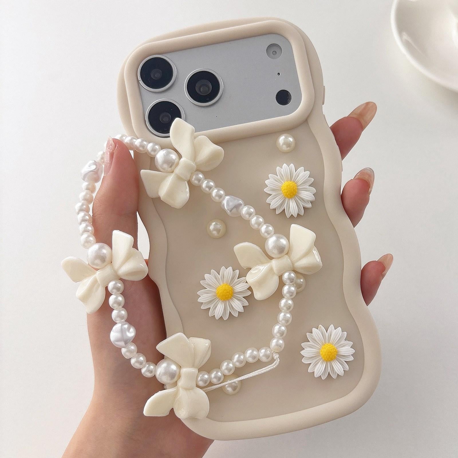 Compatible with iPhone 18 Pro Macaron Color Little Daisy and Pearl Phone Case with Bracelet Chain - White