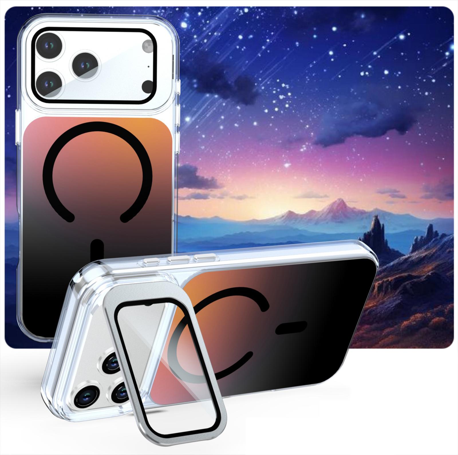 Compatible with iPhone 18 Pro Gradient Discolor Lens Protector Kickstand Magnetic Phone Case - Black