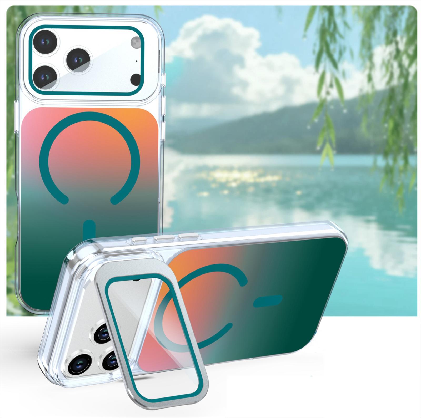 Compatible with iPhone 18 Pro Gradient Discolor Lens Protector Kickstand Magnetic Phone Case - Green
