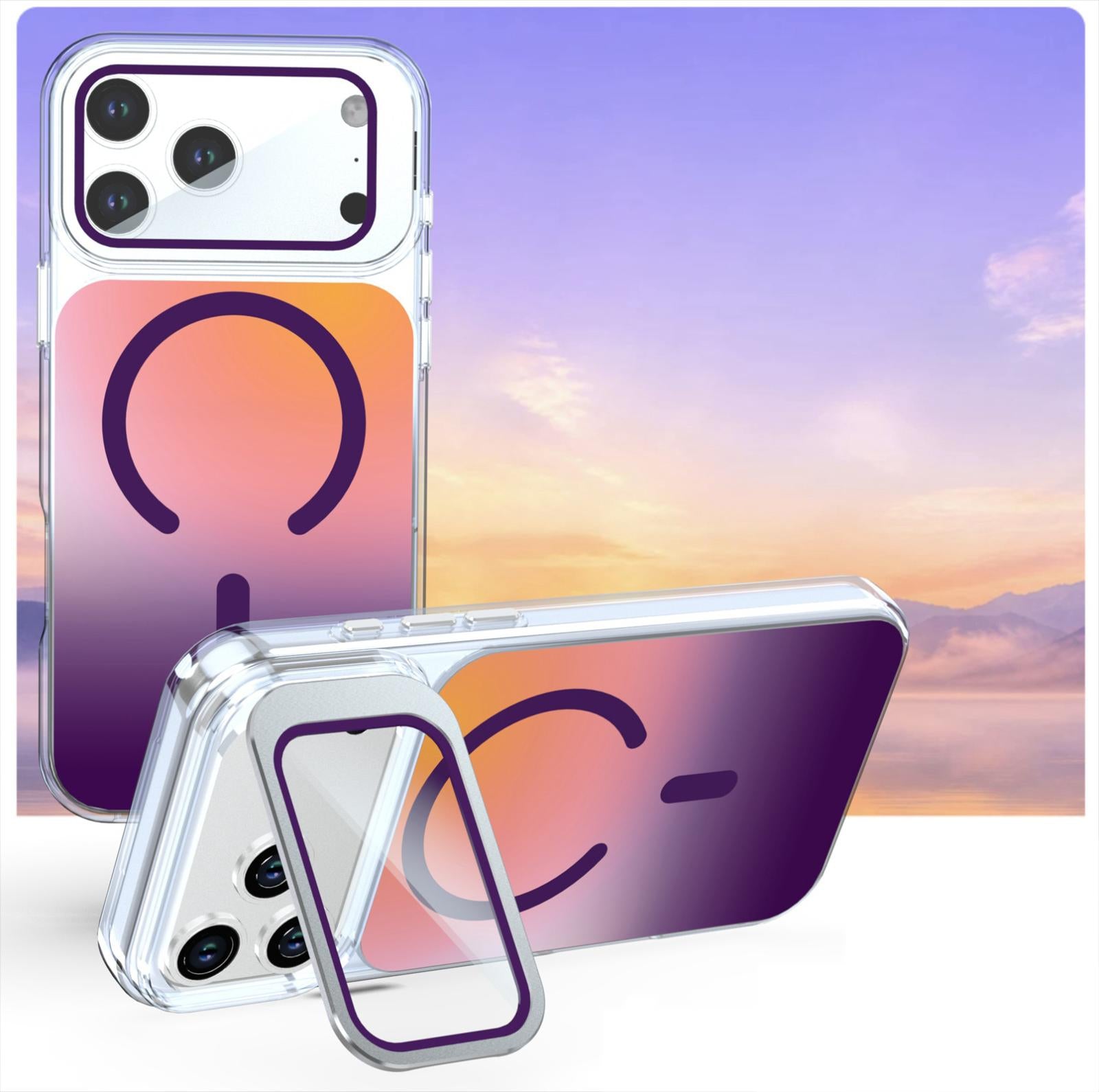 Compatible with iPhone 18 Pro Gradient Discolor Lens Protector Kickstand Magnetic Phone Case - Purple