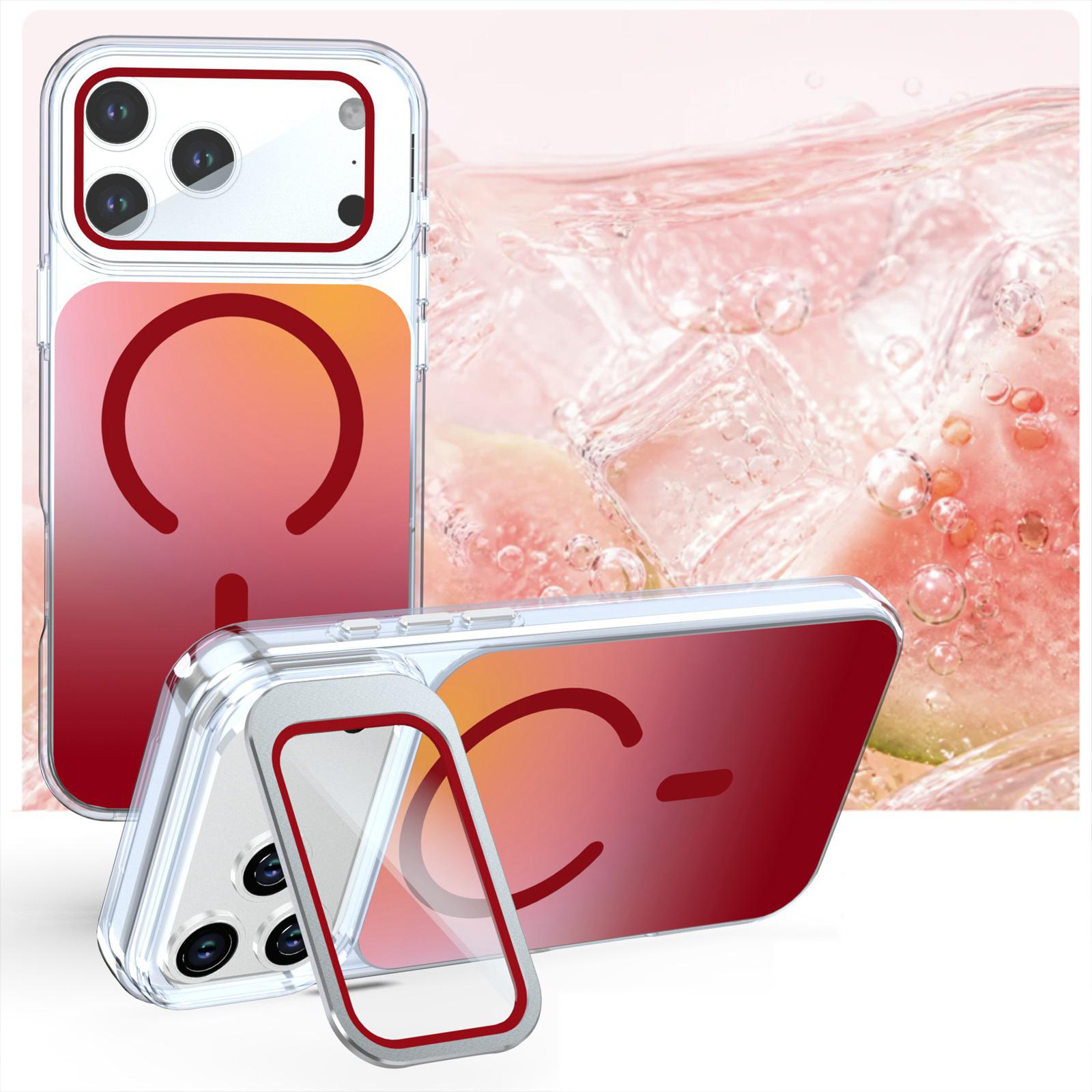 Compatible with iPhone 18 Pro Gradient Discolor Lens Protector Kickstand Magnetic Phone Case - Red