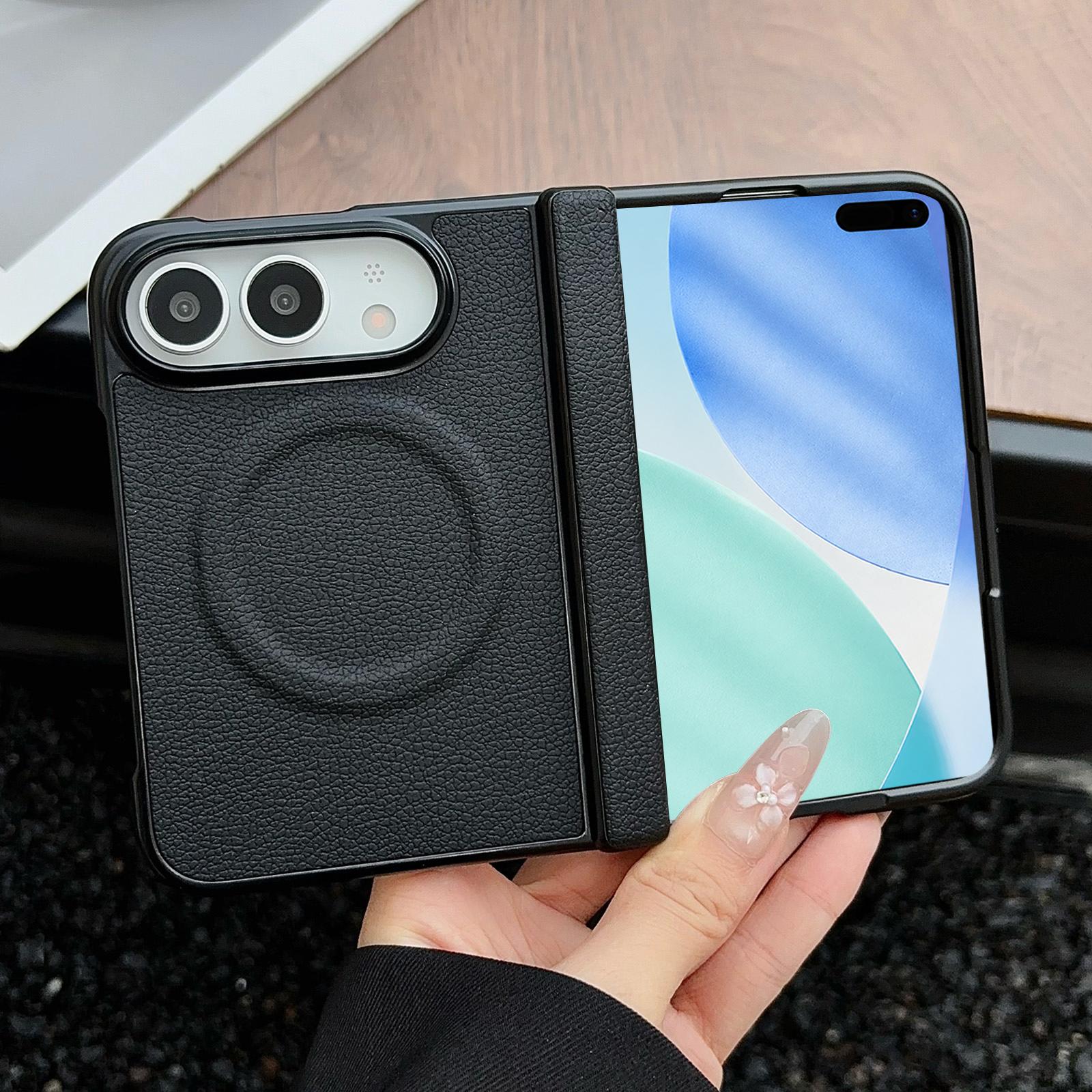 Compatible with iPhone Duo Folding Shaft Magnetic Litchi Texture Leather Phone Case - Black