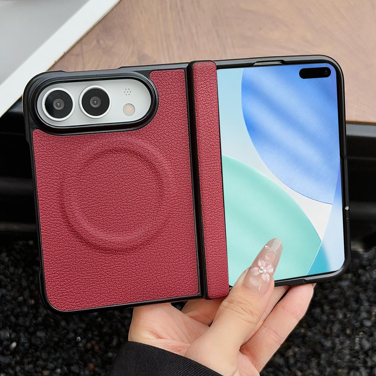 Compatible with iPhone Duo Folding Shaft Magnetic Litchi Texture Leather Phone Case - Wine Red