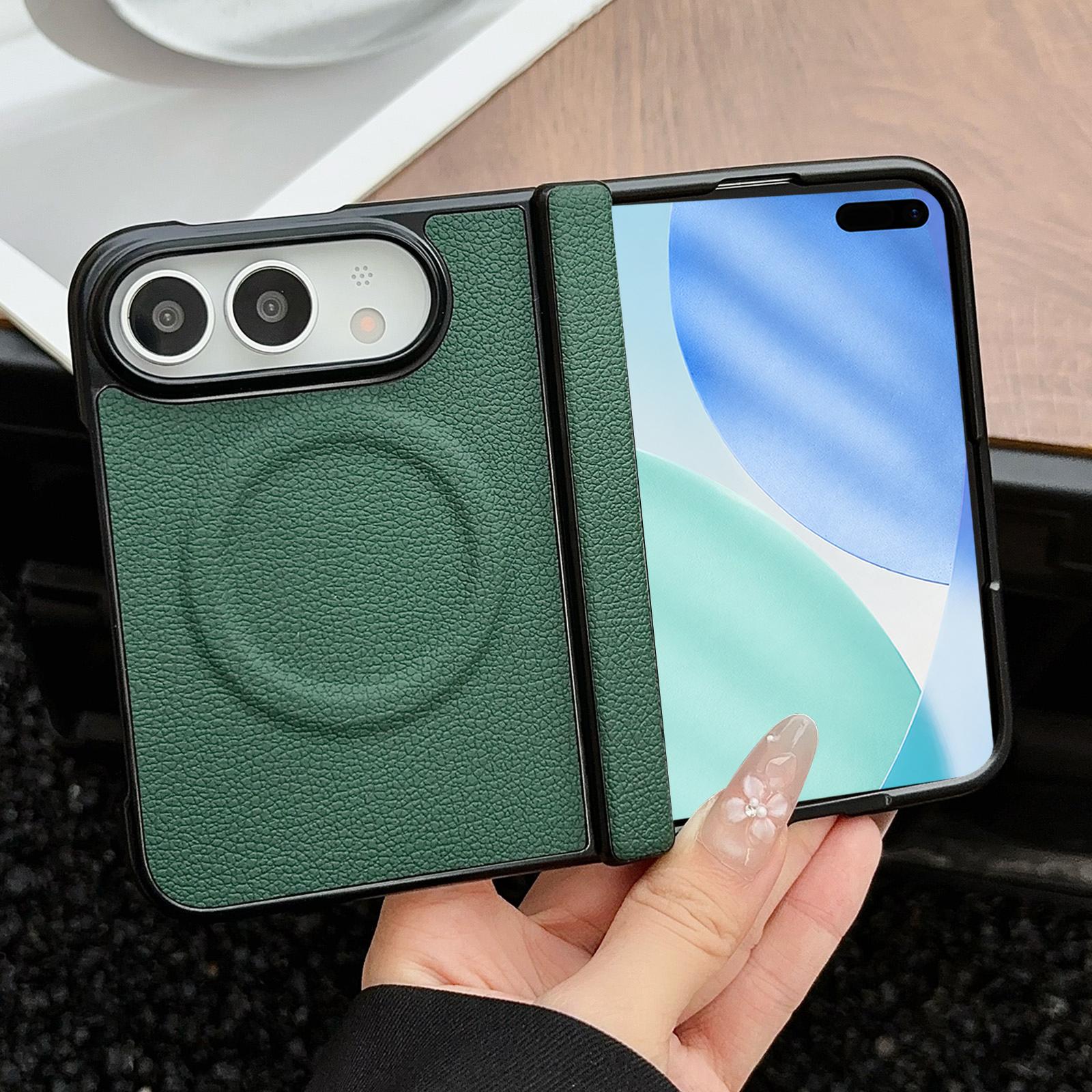 Compatible with iPhone Duo Folding Shaft Magnetic Litchi Texture Leather Phone Case - Dark Green