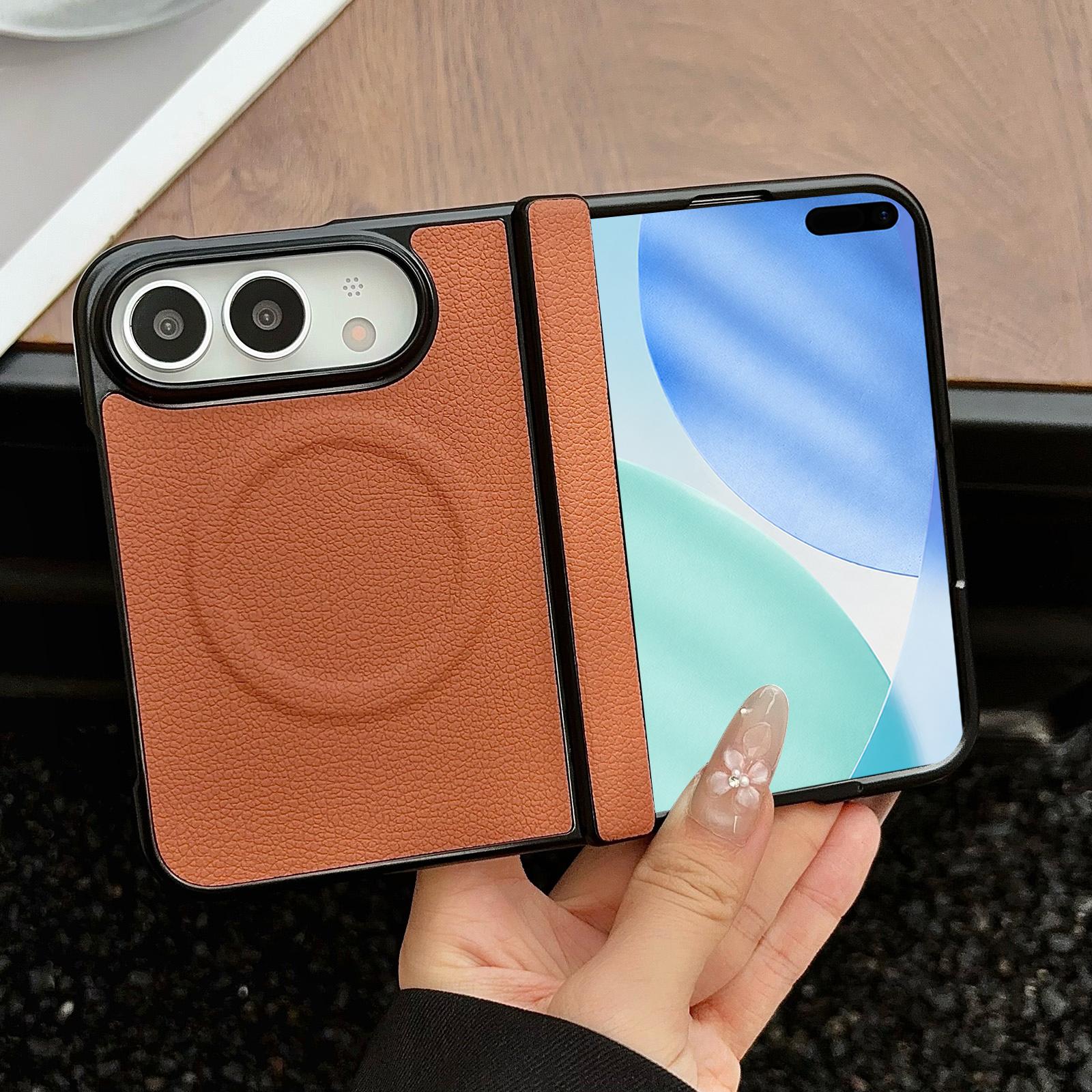 Compatible with iPhone Duo Folding Shaft Magnetic Litchi Texture Leather Phone Case - Brown