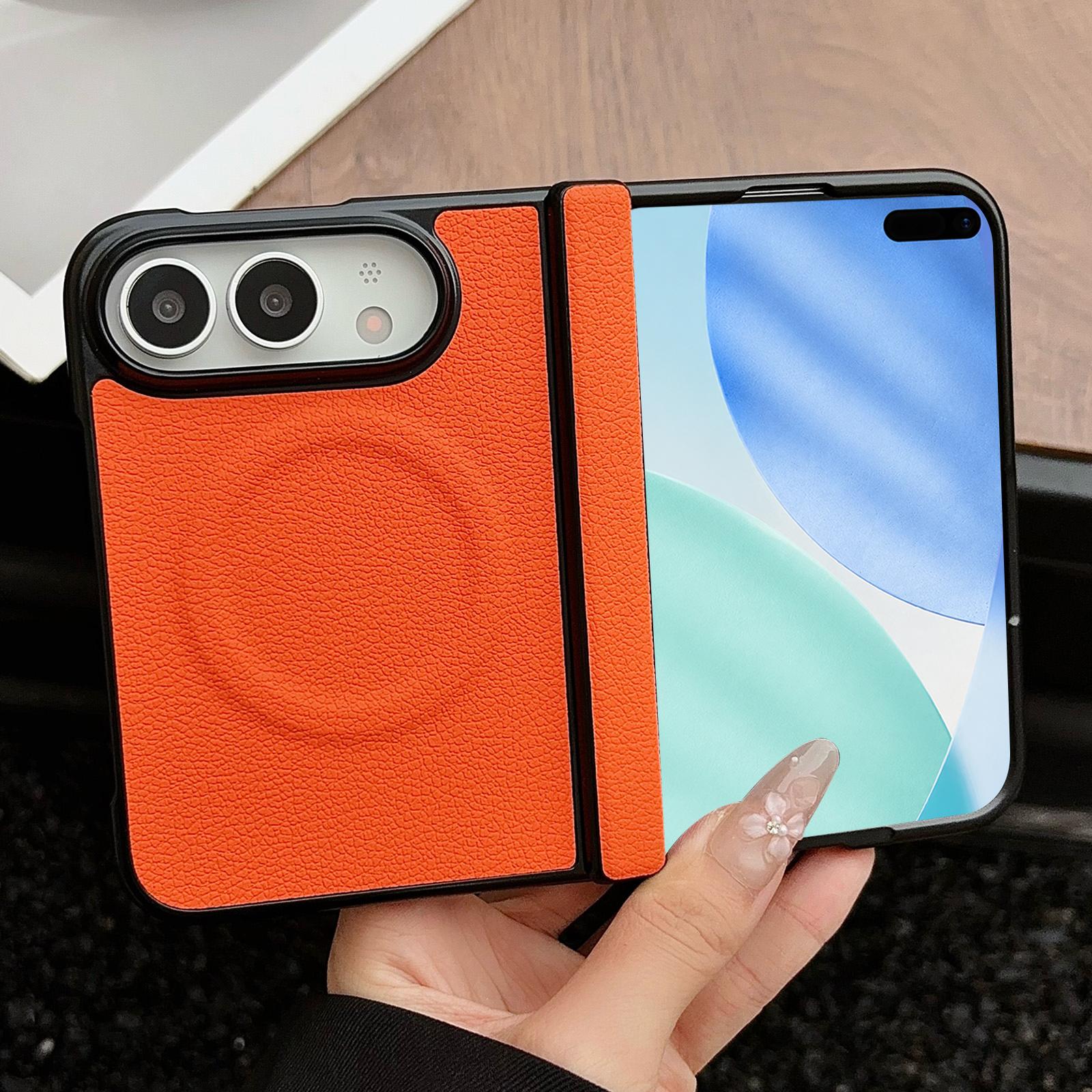 Compatible with iPhone Duo Folding Shaft Magnetic Litchi Texture Leather Phone Case - Orange