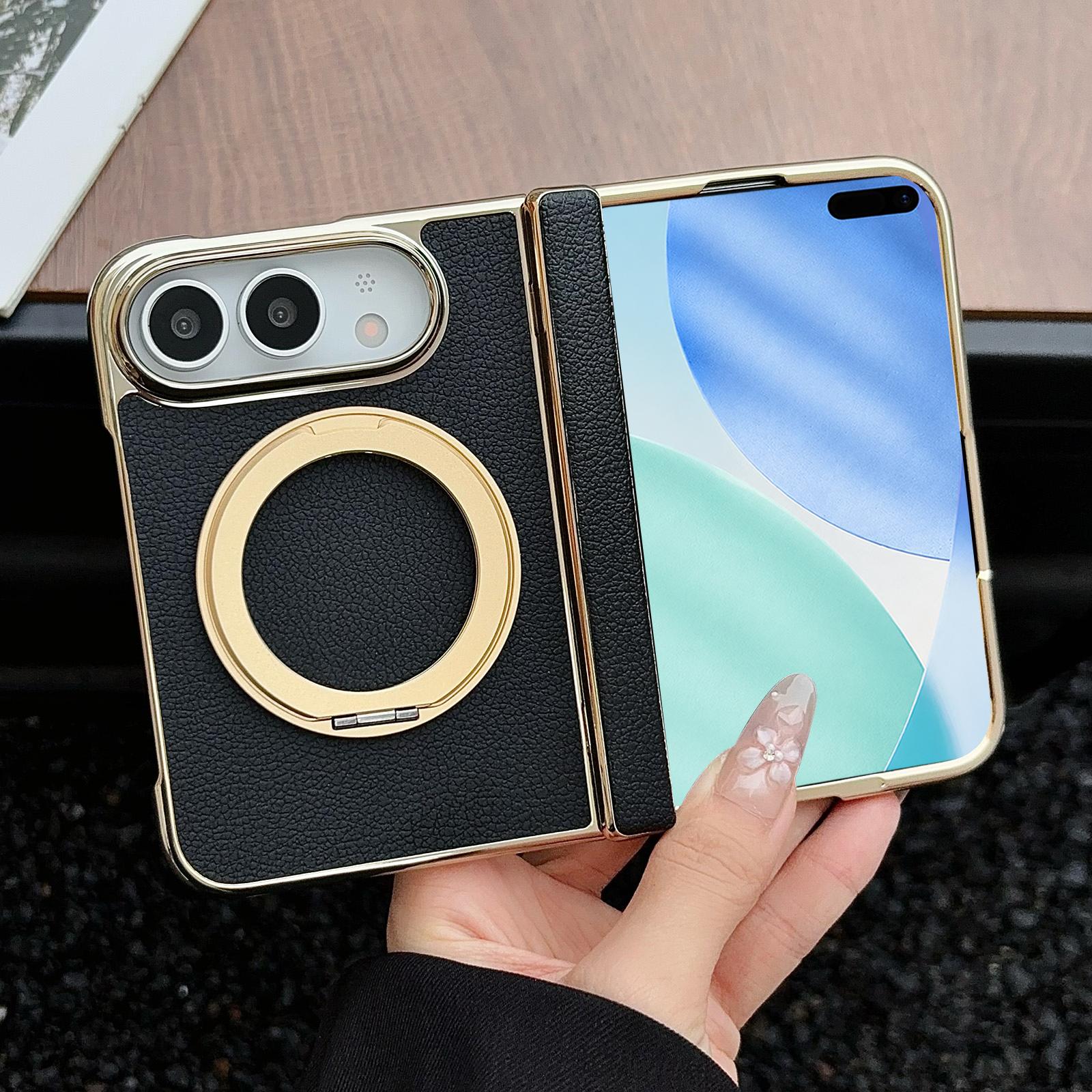 Compatible with iPhone Duo Litchi Texture Electroplated Rotating Bracket Magnetic Phone Case - Black