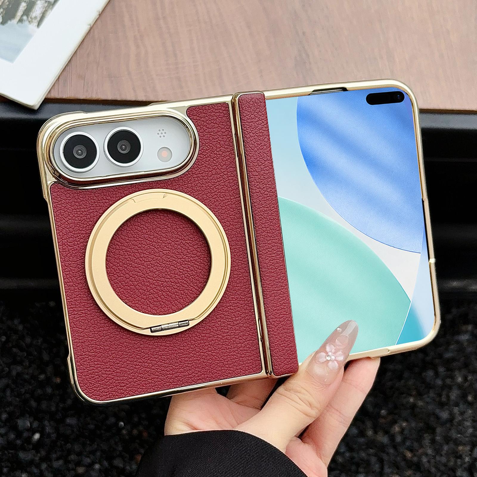 Compatible with iPhone Duo Litchi Texture Electroplated Rotating Bracket Magnetic Phone Case - Wine Red
