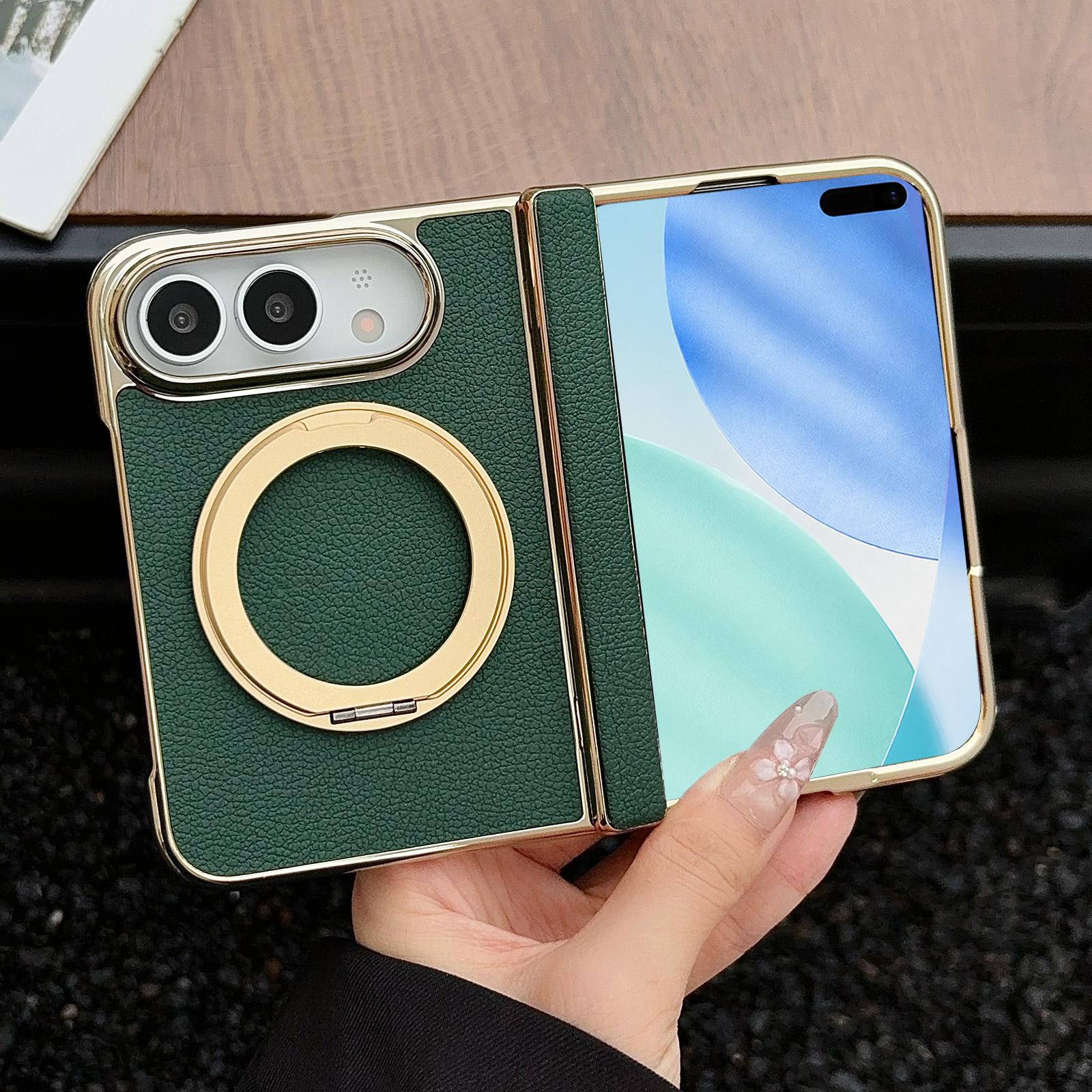 Compatible with iPhone Duo Litchi Texture Electroplated Rotating Bracket Magnetic Phone Case - Dark Green