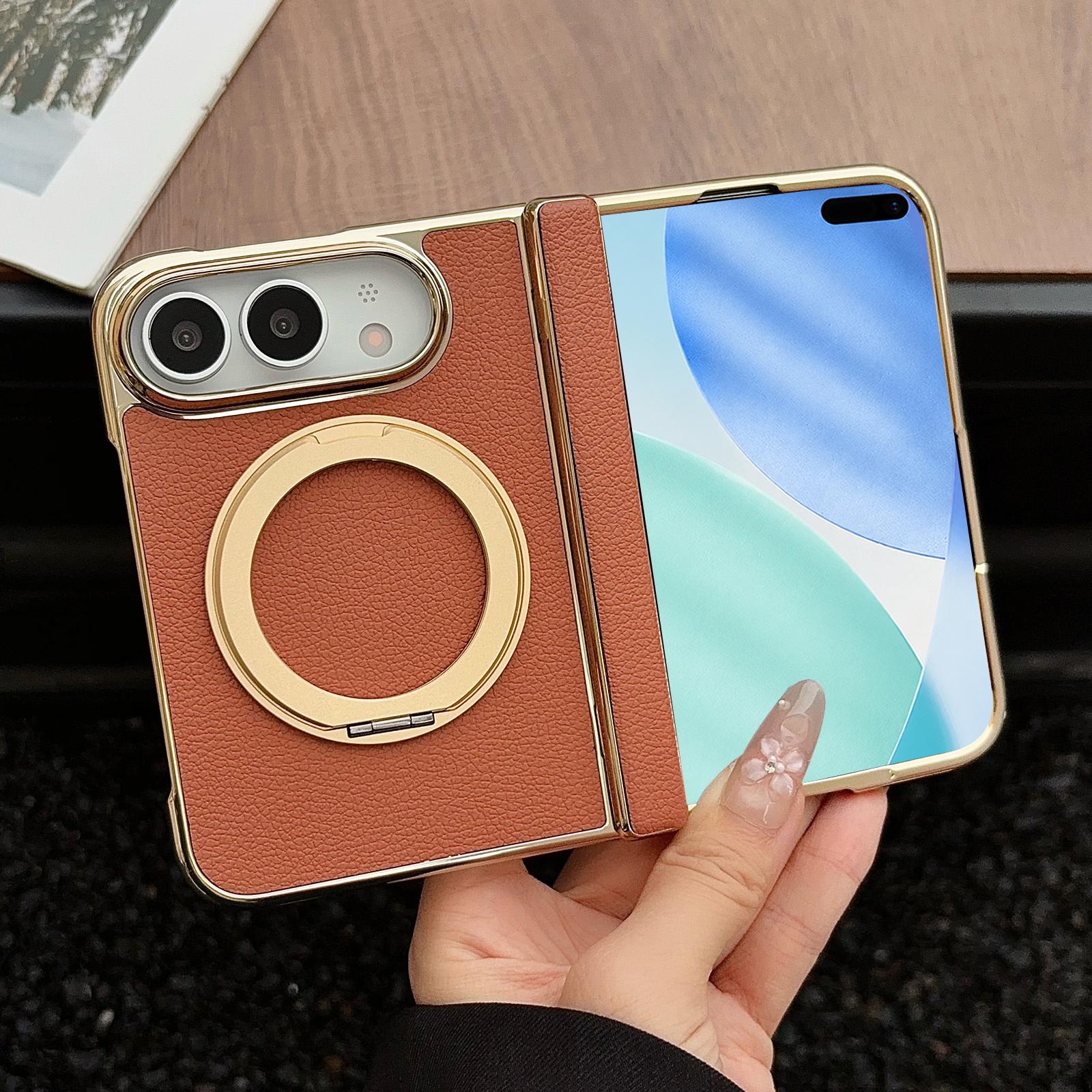 Compatible with iPhone Duo Litchi Texture Electroplated Rotating Bracket Magnetic Phone Case - Brown