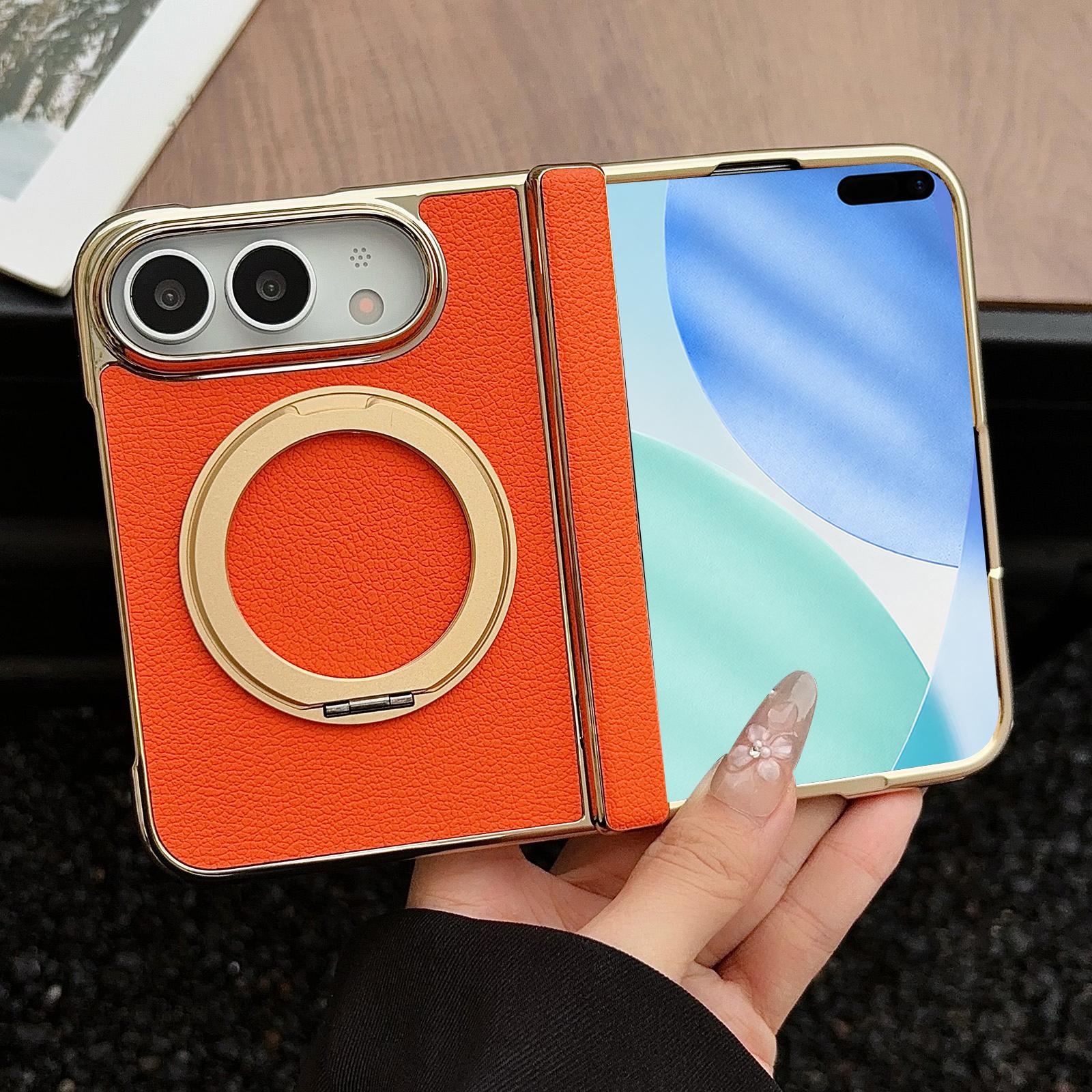 Compatible with iPhone Duo Litchi Texture Electroplated Rotating Bracket Magnetic Phone Case - Orange