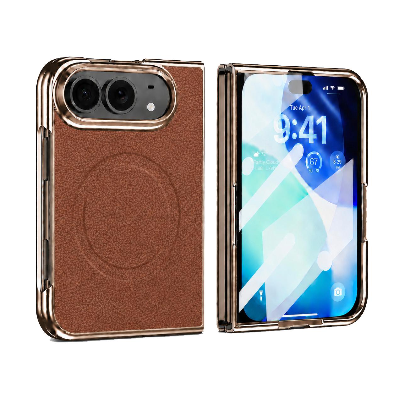 Compatible with iPhone Duo Litchi Texture Magnetic Integrated Film Phone Case - Brown