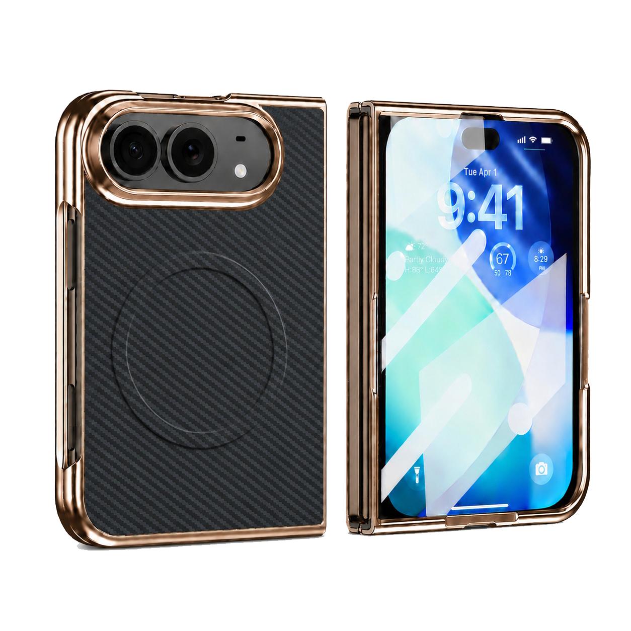 Compatible with iPhone Duo Electroplated Carbon Fiber Texture Magnetic Integrated Film Phone Case - Black