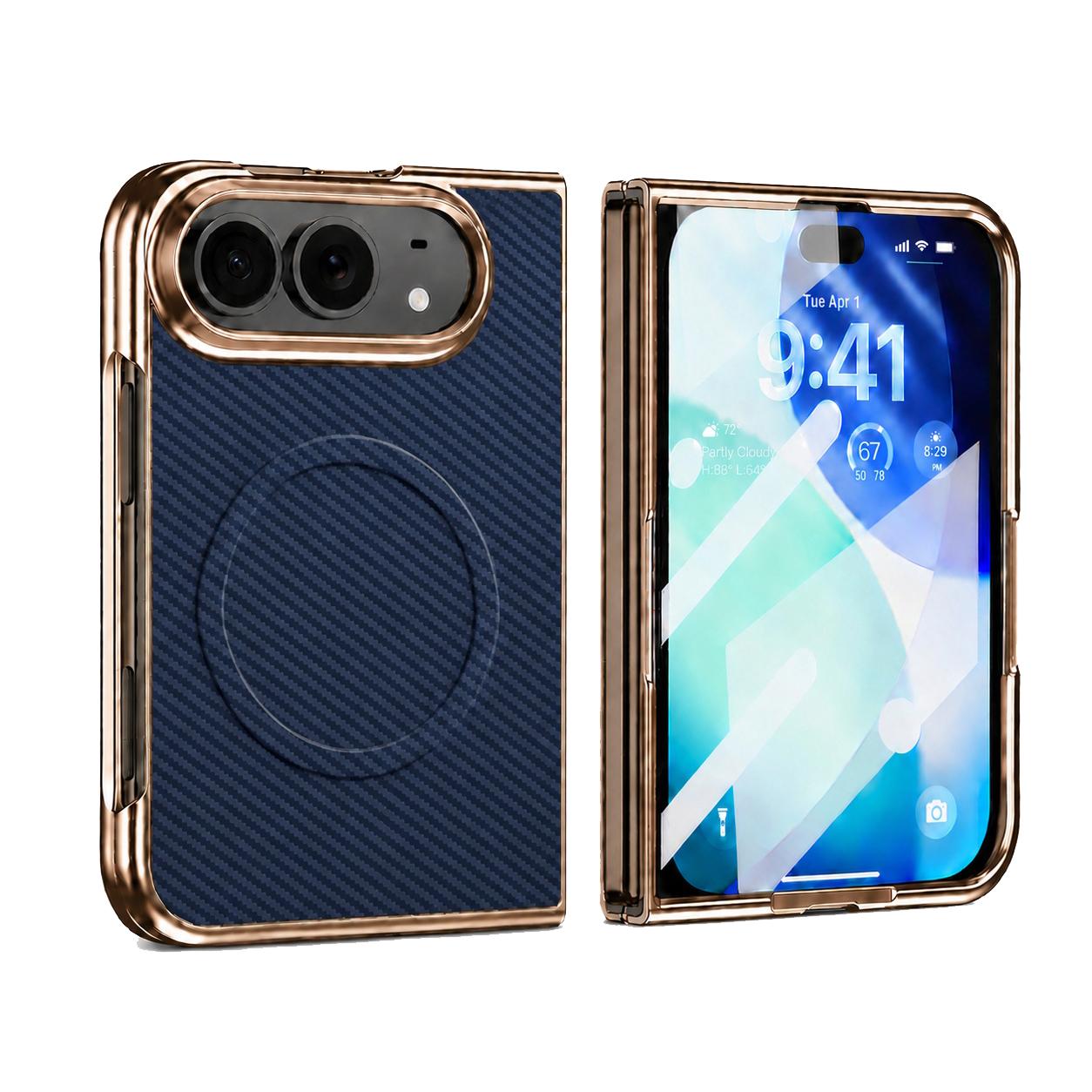 Compatible with iPhone Duo Electroplated Carbon Fiber Texture Magnetic Integrated Film Phone Case - Dark Blue
