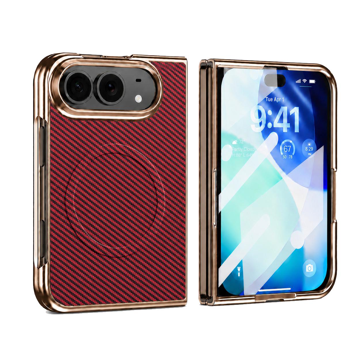 Compatible with iPhone Duo Electroplated Carbon Fiber Texture Magnetic Integrated Film Phone Case - Red