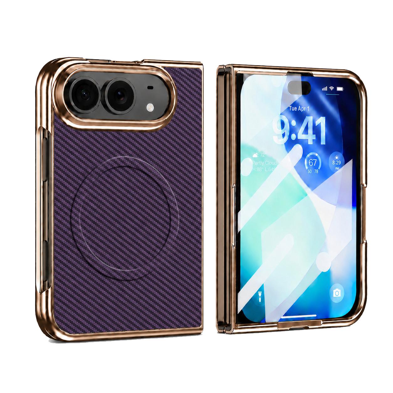 Compatible with iPhone Duo Electroplated Carbon Fiber Texture Magnetic Integrated Film Phone Case - Purple