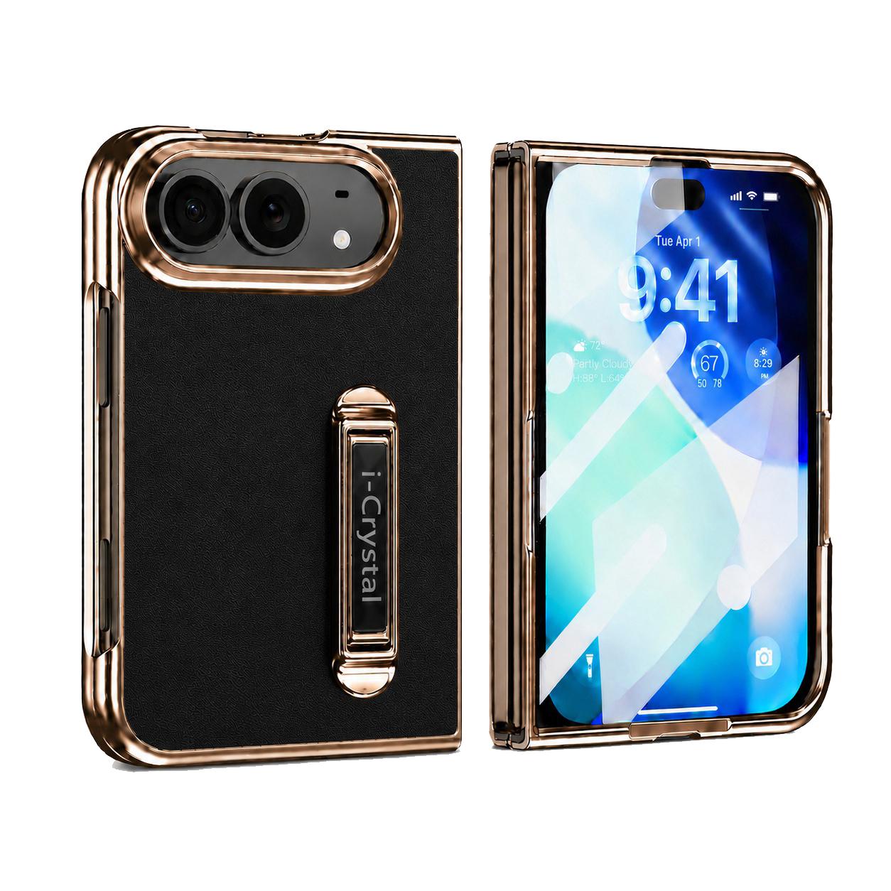 Compatible with iPhone Duo i.Crystal Electroplated Vegan Leather Hidden Kickstand Integrated Film Phone Case - Black