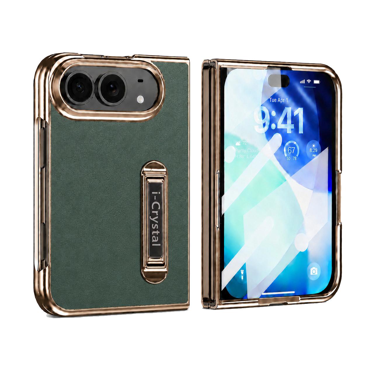 Compatible with iPhone Duo i.Crystal Electroplated Vegan Leather Hidden Kickstand Integrated Film Phone Case - Green